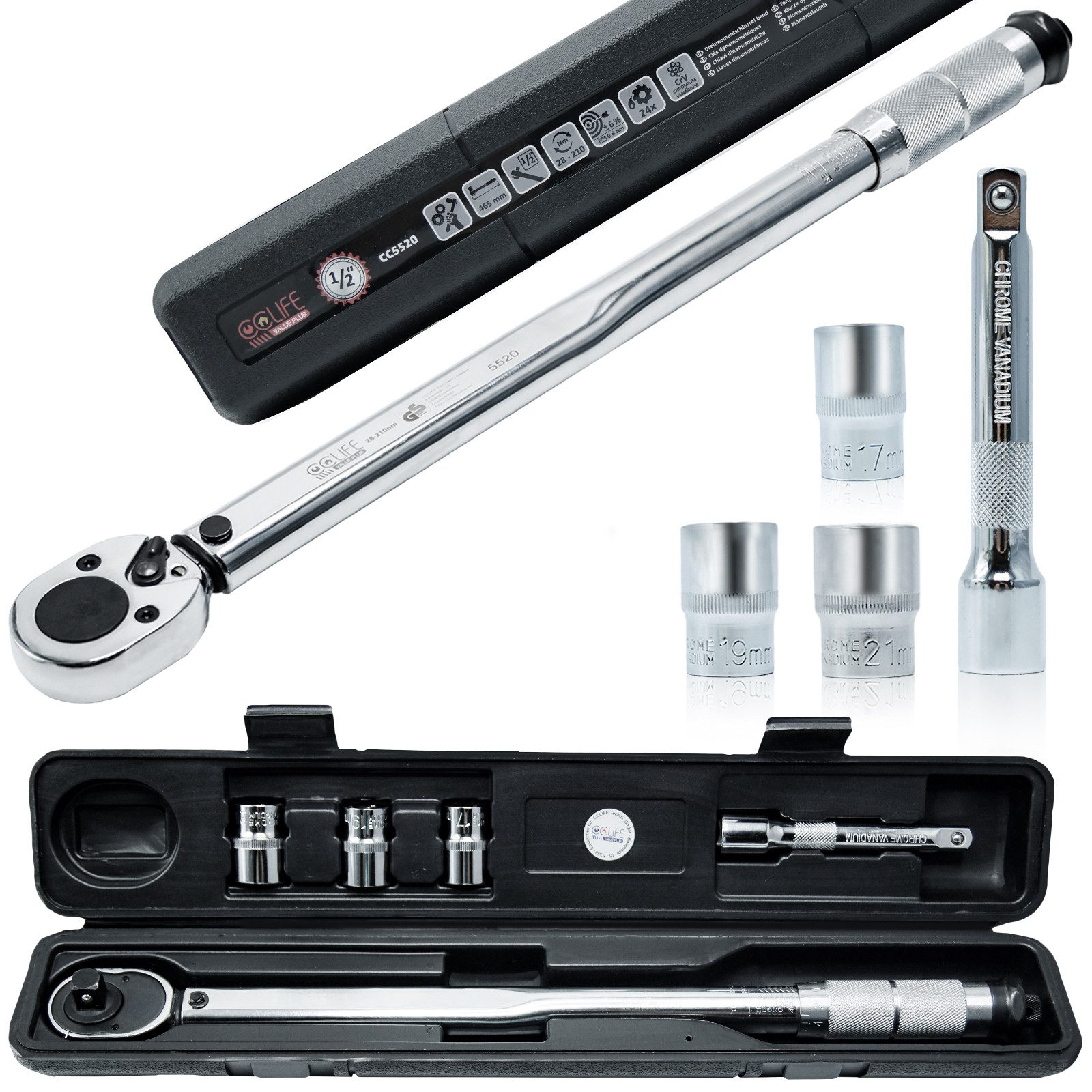 CCLIFE Drehmomentschlüssel Drehmomentschlüssel Auto Set im Koffer 1/2 Zoll 17mm 19mm 21mm Nüsse