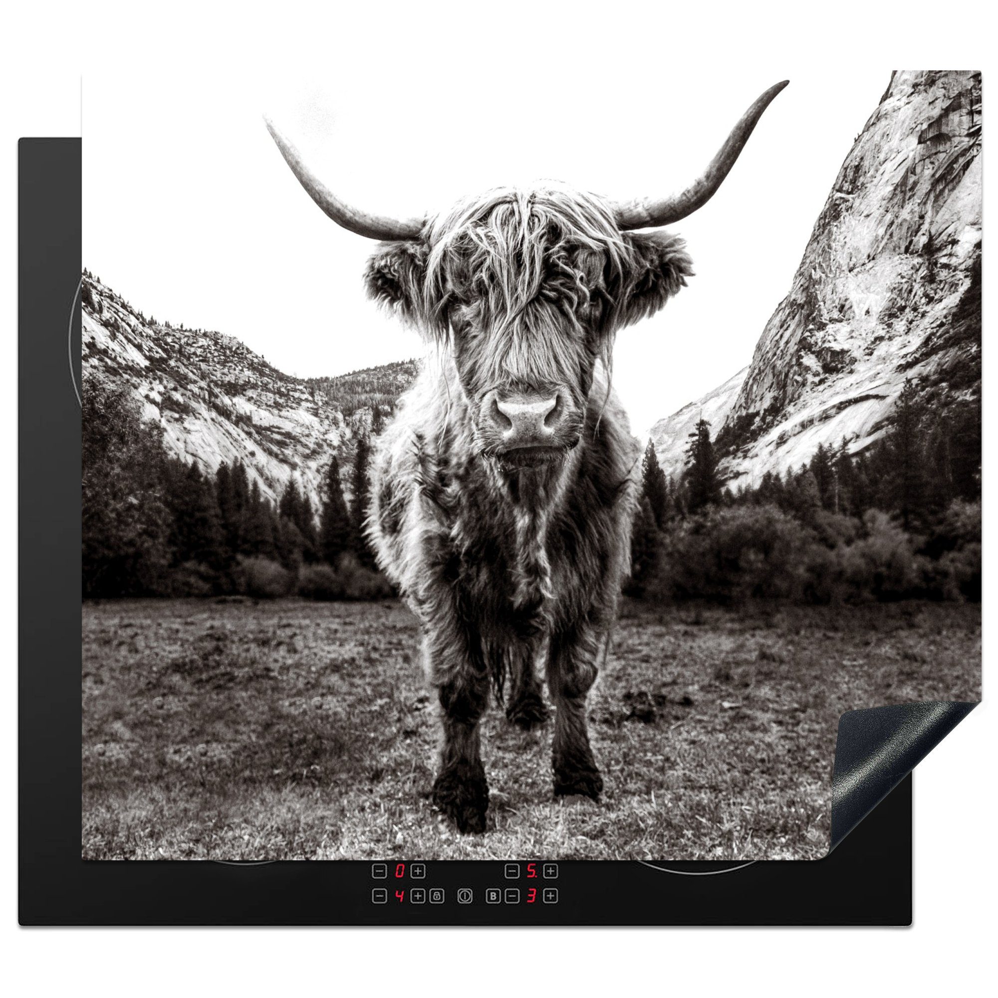 MuchoWow Herdblende-/Abdeckplatte Berg - Schwarz - Weiß - Schottischer Highlander, Vinyl, (1 tlg), 57x51 cm, Induktionsschutz, Induktionskochfeld, Ceranfeldabdeckung