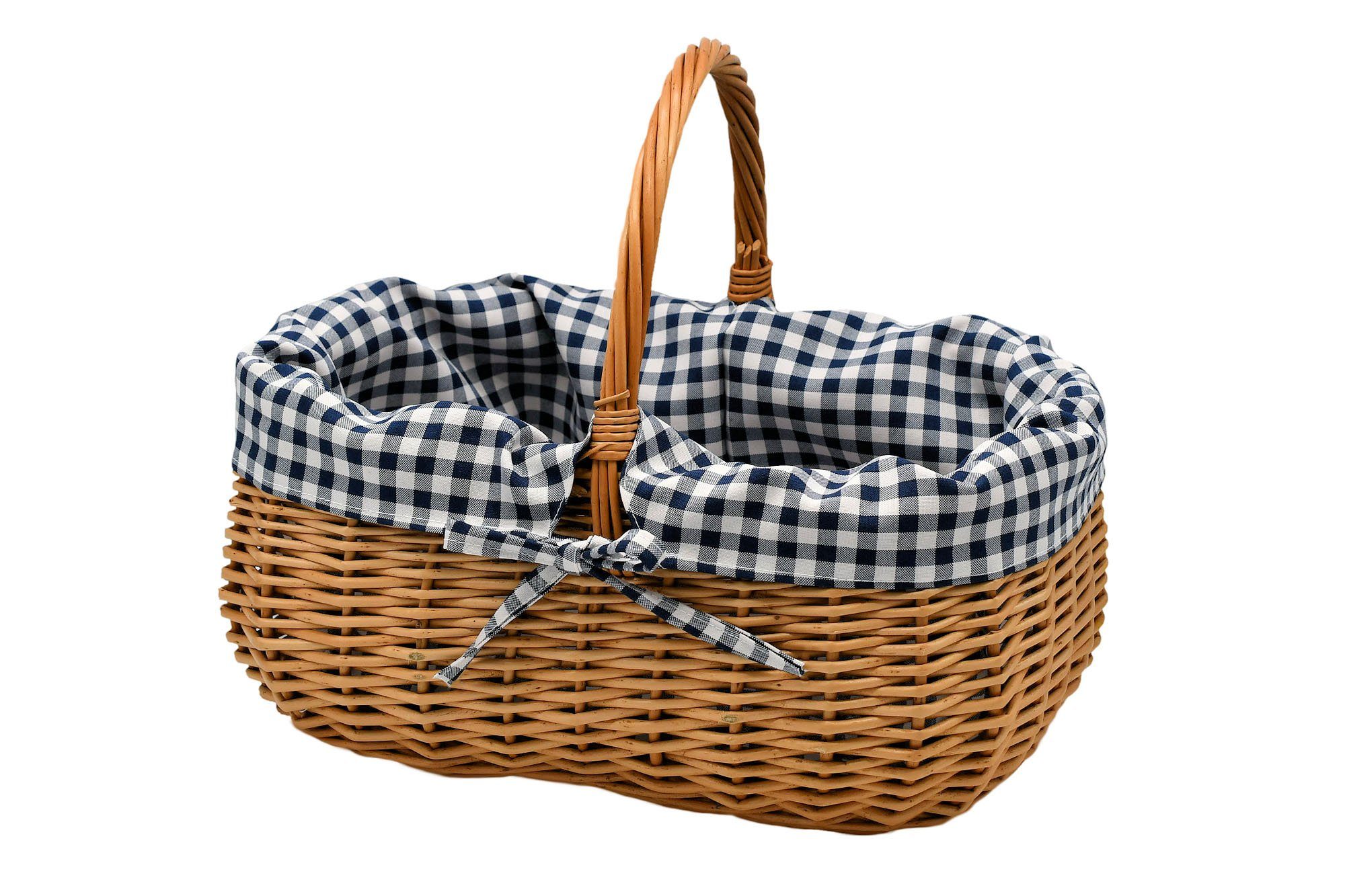 MyBer® Einkaufskorb Korb Weidenkorb Picknickkorb 33/23/13cm Handarbeit, Stabiler Tragekorb aus Weide Vollweide. Bezug ist blau-weiß kariert