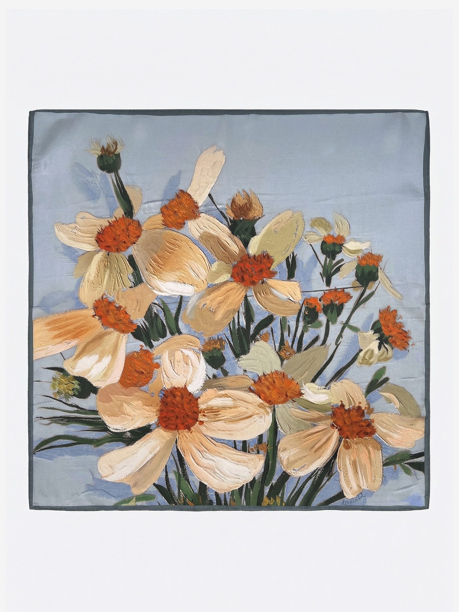Vivi Idee Seidentuch 100% Maulbeerseide Halstuch Damen Margeriten-blau, Quadratisches 53x53 cm Halstuch, bedrucktes Seidenschal