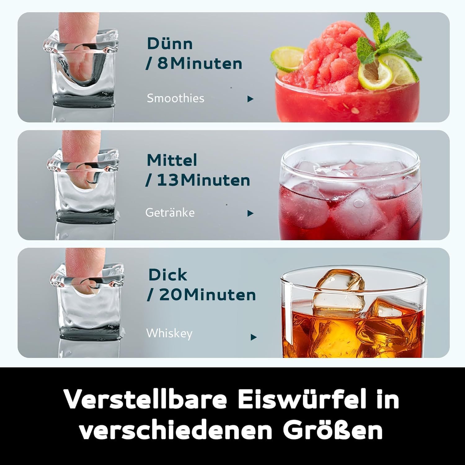 EUHOMY Eiswürfelmaschine Eiswuerfelmaschine 15 kg/24H, Quadratische Eiswürfel, 2L, Eiswuerfeldicke individuell einstellbar mit Timer und Selbstreinigung