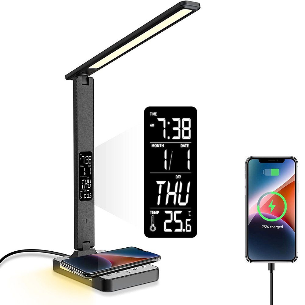 Sunicol LED Tischleuchte Schreibtischlampe mit USB-Drahtlose Ladefunktion, Digitaler Wecker, Dimmbare, 5 Farbmodi, 5 Helligkeitsstufen, Faltbare Leselampe | Tischlampen