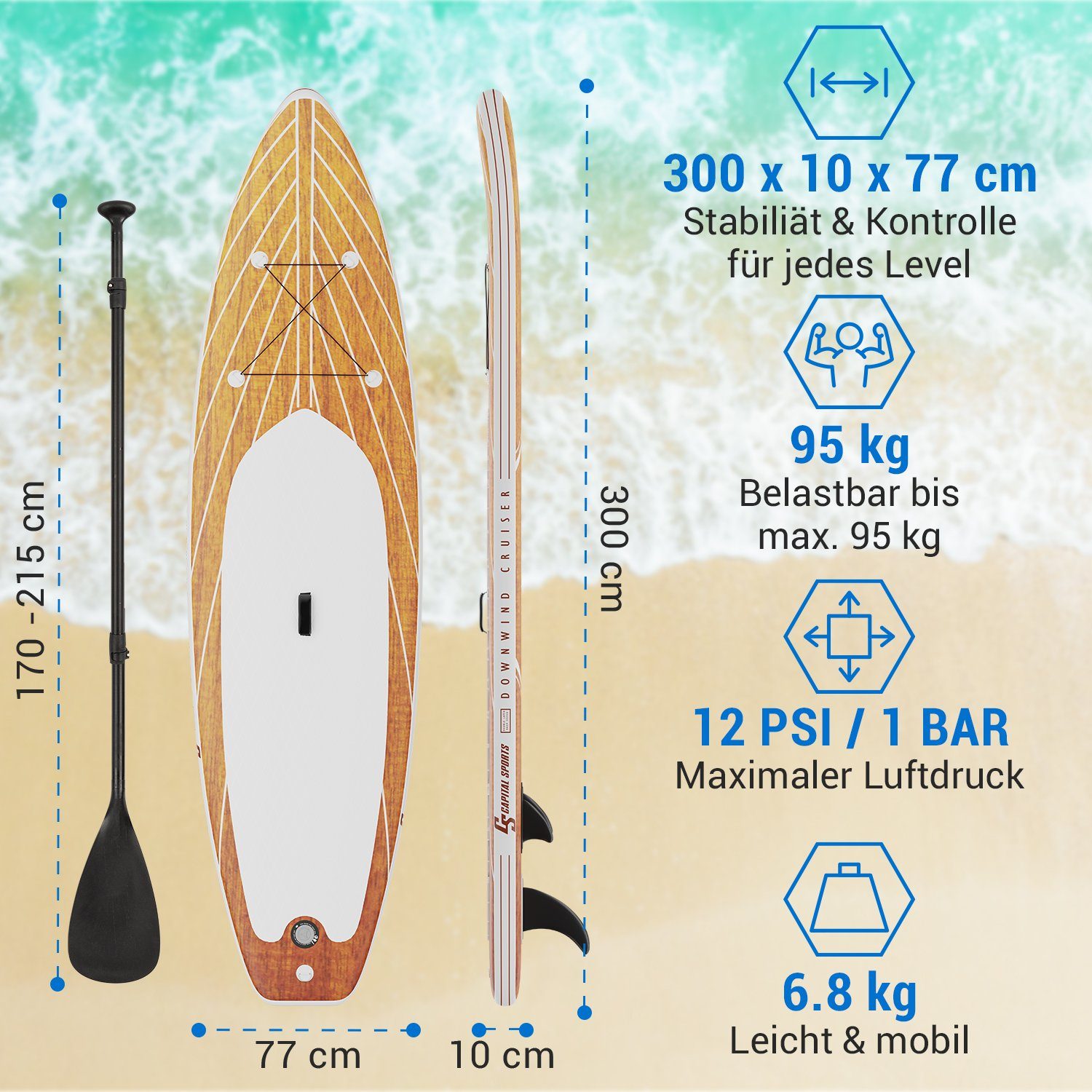 Paddle Board Inflatable 9.8, SUP Stand (Set), Up Standup Board Capital Board SUP-Board Paddel Paddle Cruiser Board, Board Paddling Sports Downwind