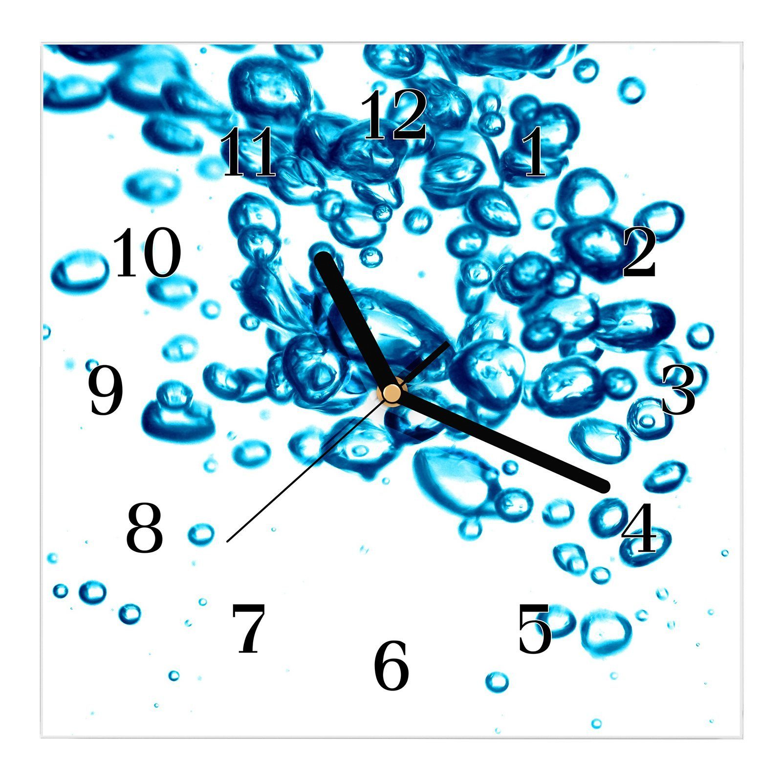 Primedeco Wanduhr Glasuhr Wanduhr Wandkunst Größe 30 x 30 cm mit Motiv Wassermit blauen Bläschen