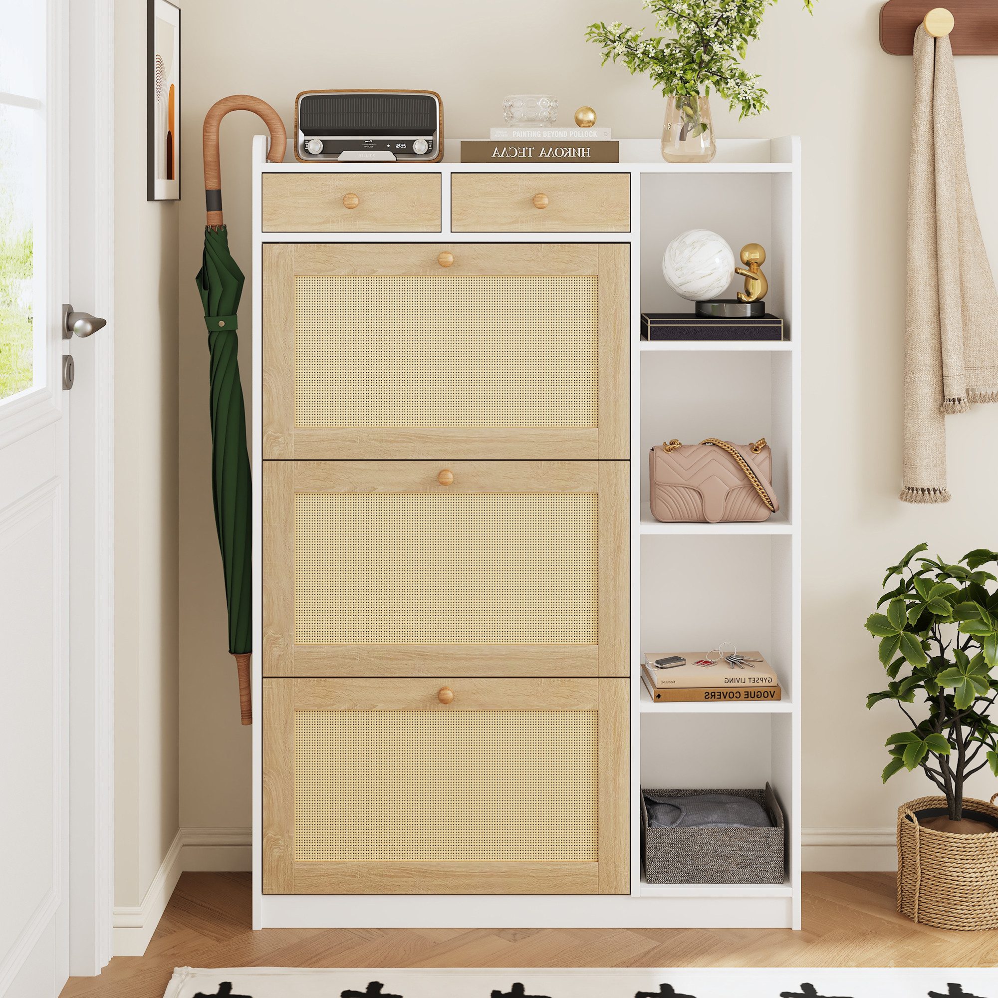 i@home Schuhkipper Schmaler Schuhschrank aus Rattan mit 3 Klappfächern, verstellbaren Einlegeböden, seitlichen offenen Ablagen, 90×24×103 cm