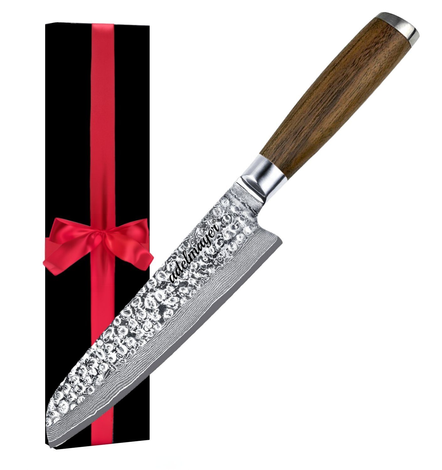 adelmayer Damastmesser Damastmesser - Santoku Messer (Klinge: 17,5 cm) mit Walnussgriff