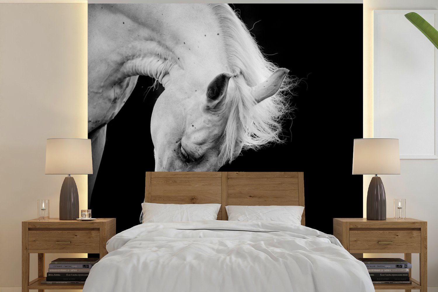 MuchoWow Fototapete Pferd - Weiß - Schwarz, Matt, bedruckt, (4 St), Vliestapete für Wohnzimmer Schlafzimmer Küche, Fototapete