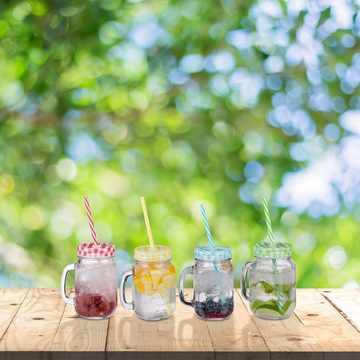 relaxdays Gläser-Set Bunte Trinkgläser mit Deckel 4er Set, Glas