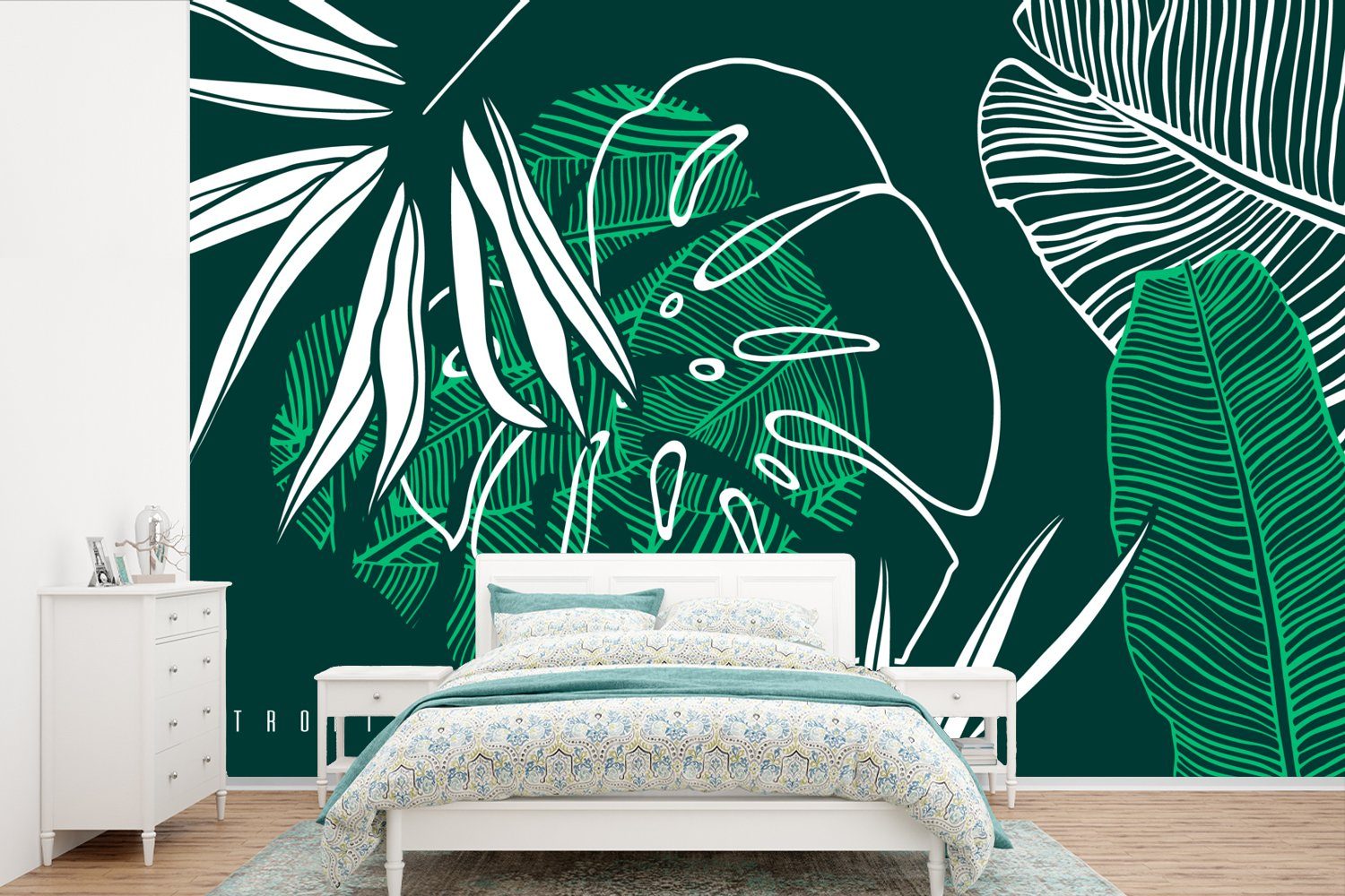 MuchoWow Fototapete Dschungel - Blätter - Grün - Weiß - Junge - Mädchen - Kind, Matt, bedruckt, (6 St), Wallpaper für Wohnzimmer, Schlafzimmer, Kinderzimmer, Vinyl Tapete