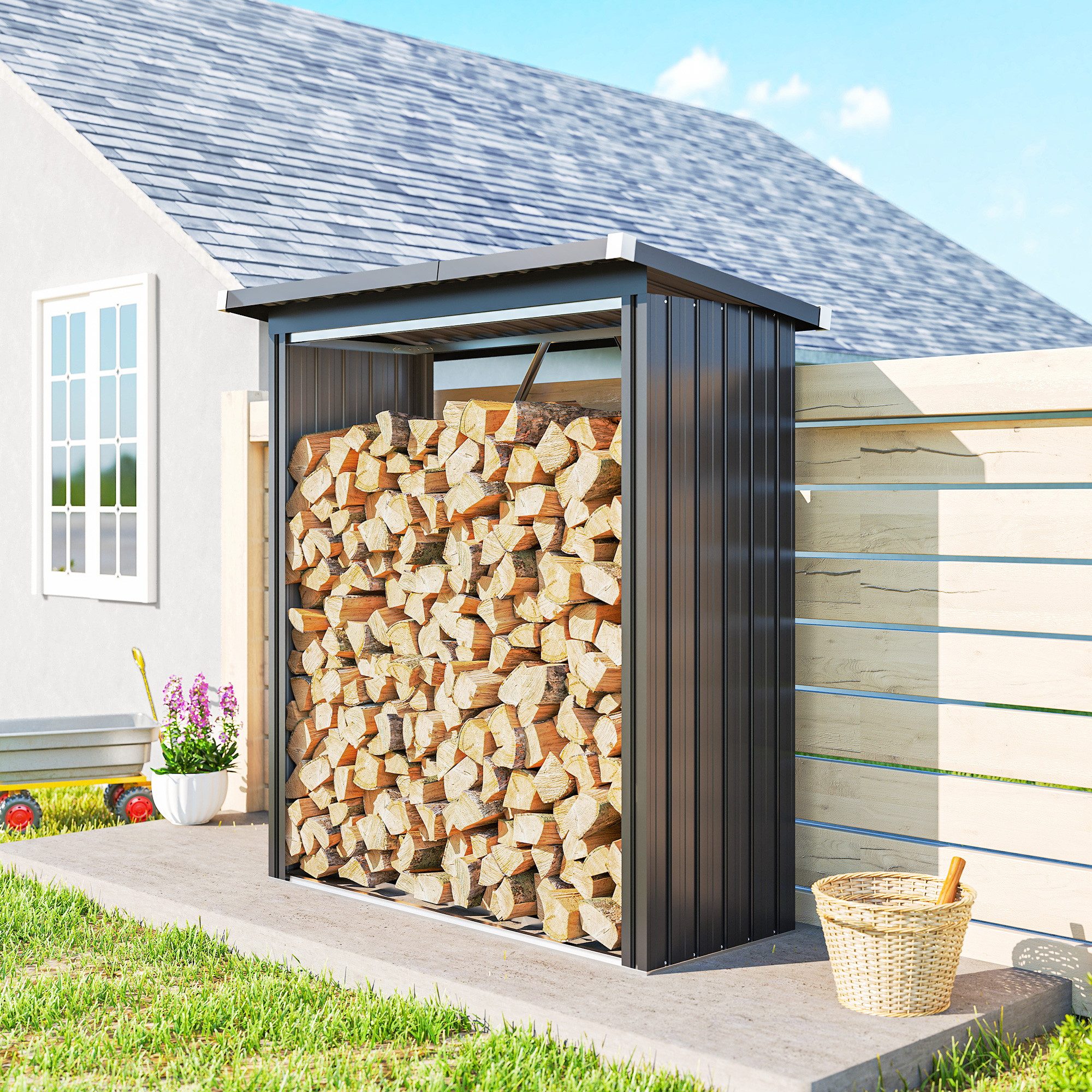 Outsunny Kaminholzregal-Erweiterung Brennholzregal mit Pultdach Schnelle Montage Holzlager, BxTxH:150x66.5x150 cm, (Stahlschuppen, 1-St., erhöhter Boden), Wellblechdach, Dunkelgrau