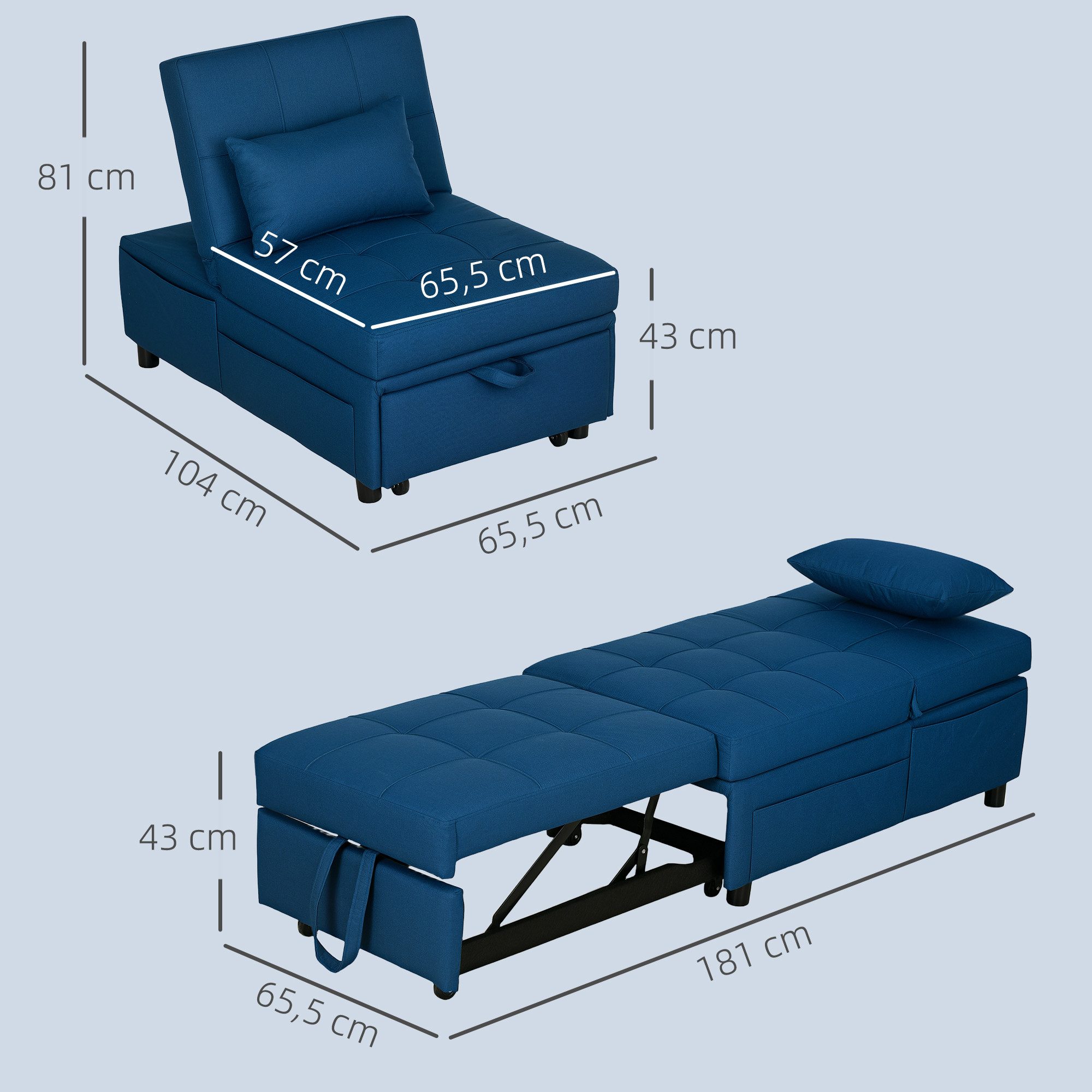 HOMCOM Sessel 3-in-1, mit Bettfunktion, Seitentasche, ausziehbar (Relaxsessel, 1-St., Klappbett), bis 150 kg belastbar, für Wohnzimmer,Schlafzimmer, Blau