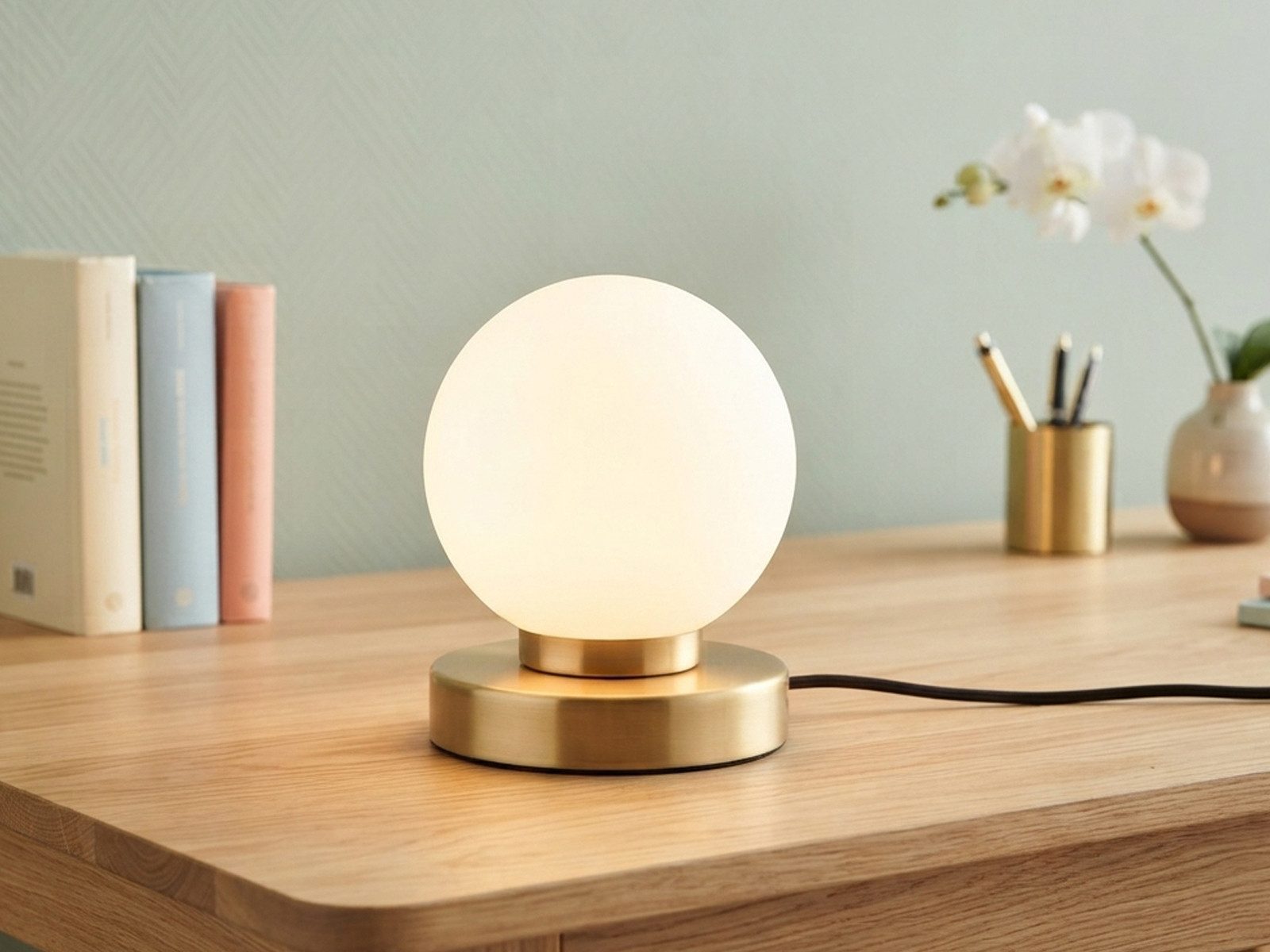 Reality Leuchten LED Nachttischlampe touch Kugel-Lampe, Höhe 15cm, dimmbar, LED wechselbar, Warmweiß, kleine Tischlampe mit Glas-Kugel, Tischleuchte inkl. E14 L – Bild 5 von 5