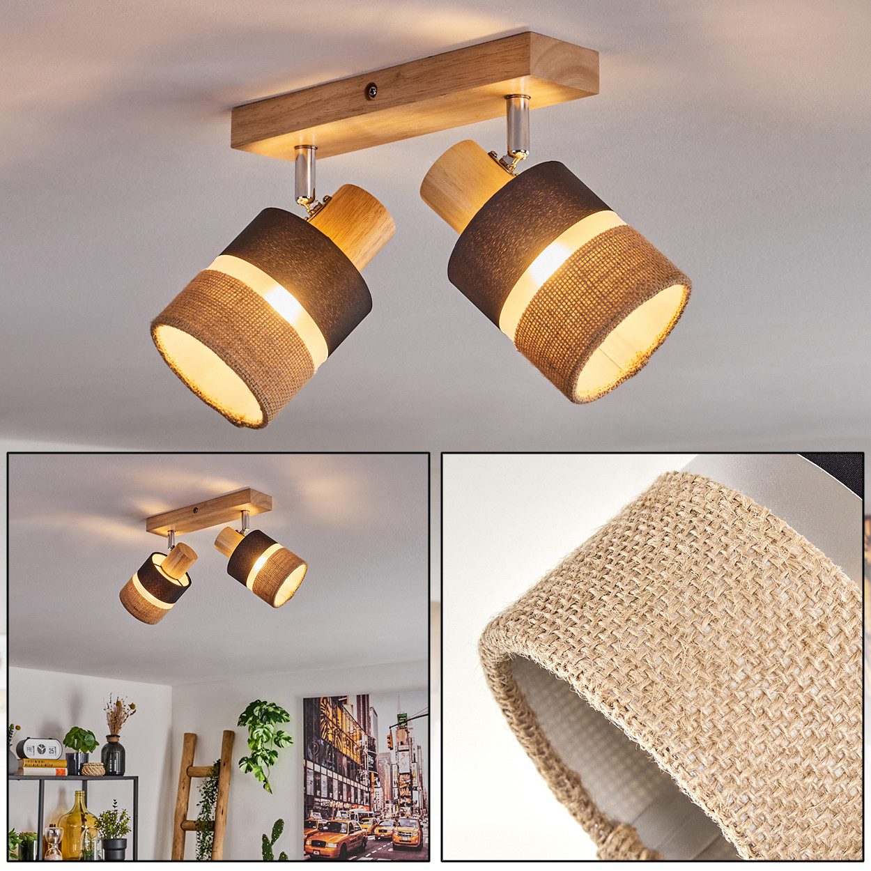hofstein Deckenleuchte Deckenlampe aus Holz/Metall/Leinen in günstig online kaufen
