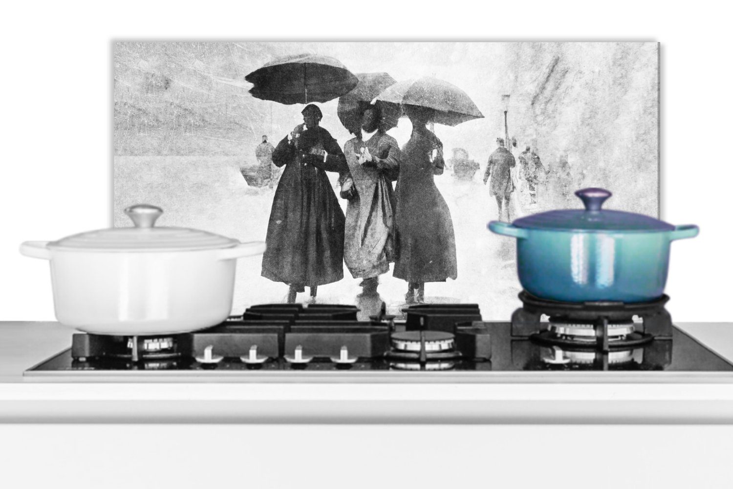 60x30 Wandschutz, cm, Regenschirm - für Schwarz - - Straße, (1-tlg), weiß Schmutzflecken und Frauen gegen Fett Küchen MuchoWow und Küchenrückwand