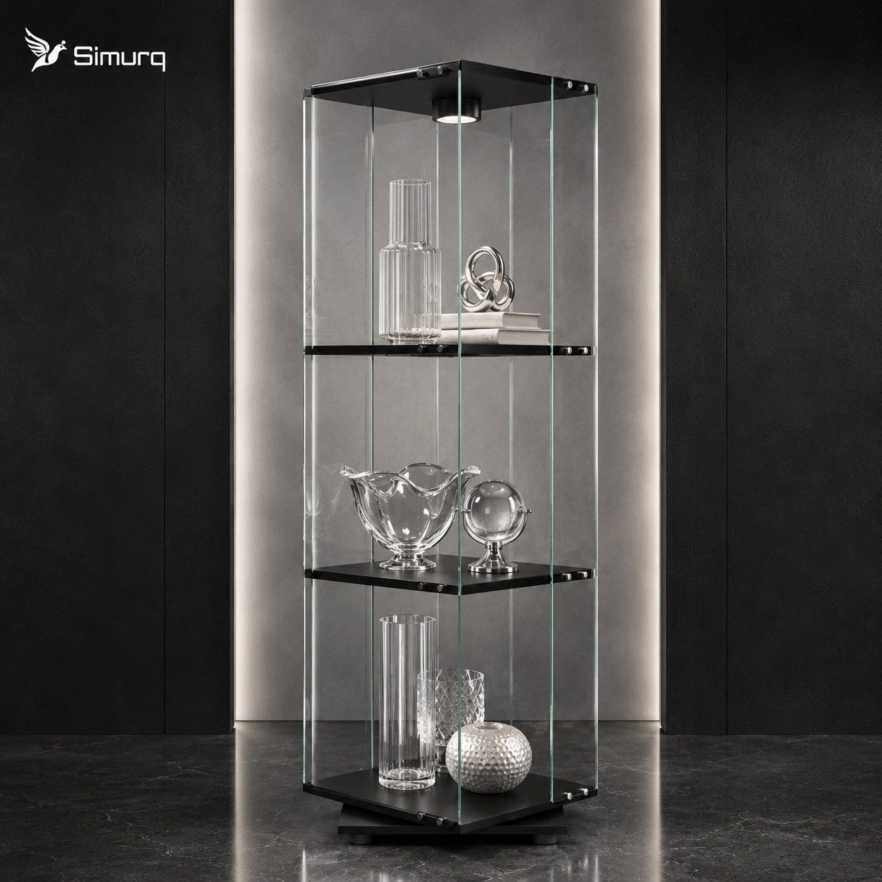 Simurq Glasvitrine mit LED-Touch-Licht und 360° Sockel für Deko und Figuren (1-St., 6 Varianten verfügbar) 360° drehbar, 38 × 38 cm Stellfläche, LED-Touch-Licht