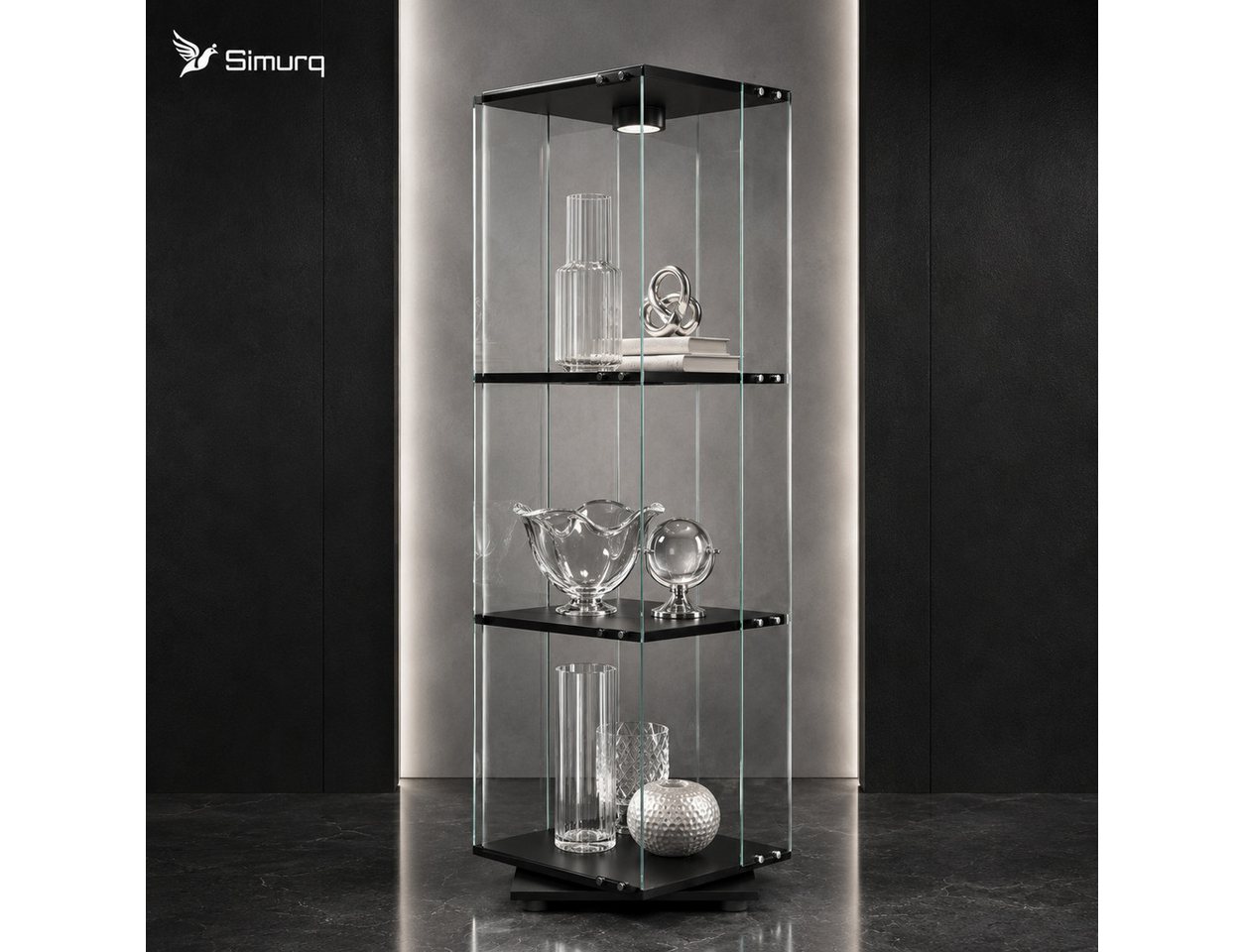 Simurq Glasvitrine mit LED-Touch-Licht und 360° Sockel für Deko und Figuren (1-St., 6 Varianten verfügbar) 360° drehbar, 38 × 38 cm Stellfläche, LED-Touch-Licht