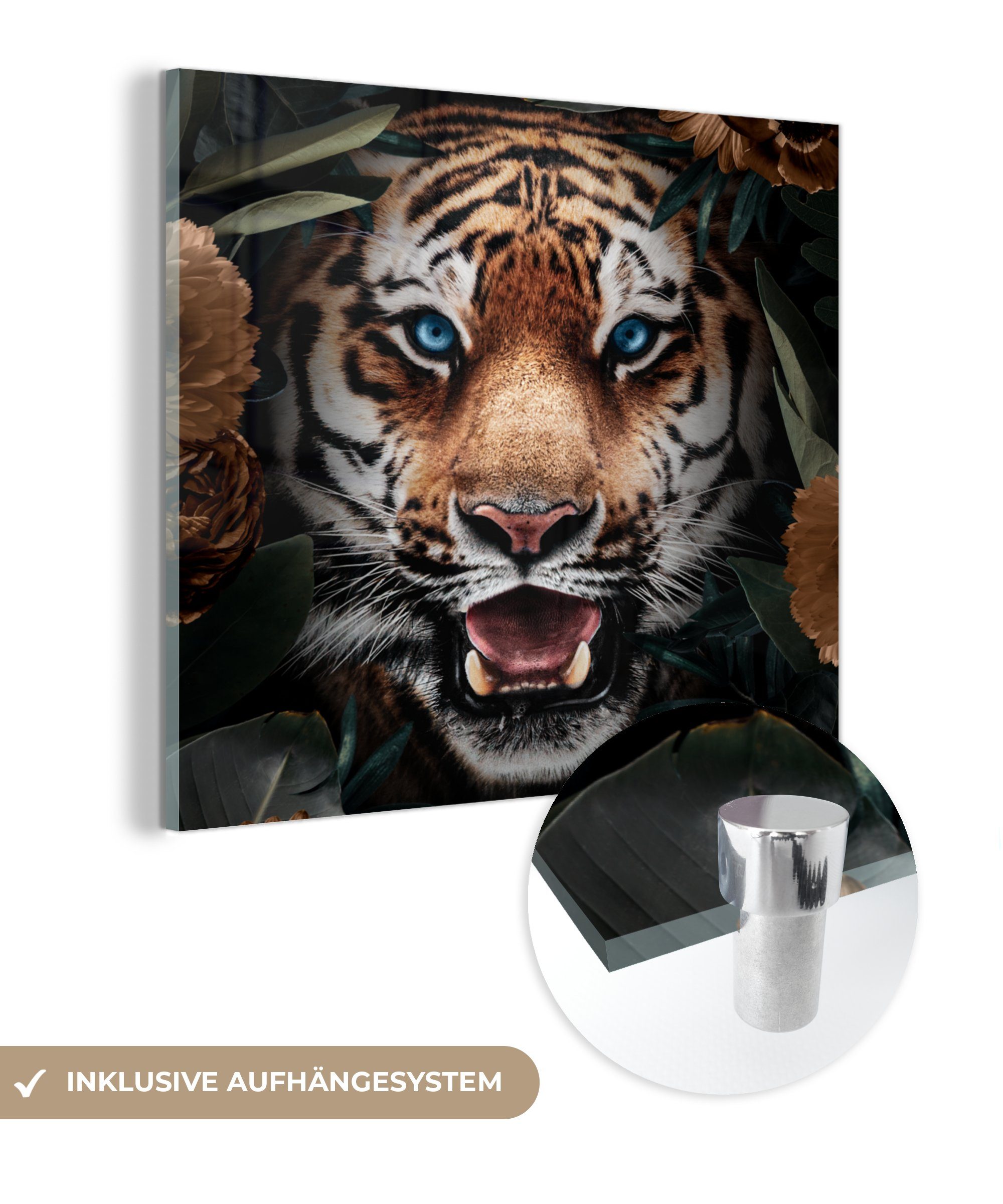 MuchoWow Acrylglasbild Tiger - Blatt - Blumen, (1 St), Glasbilder - Bilder auf Glas Wandbild - Foto auf Glas - Wanddekoration