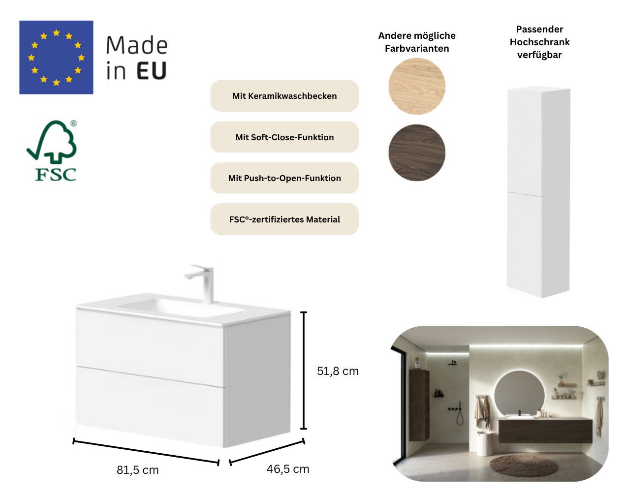 welltime Waschtisch Gama, inklusive Waschbecken, mit Push-to-Open-Funktion, FSC® zertifiziert