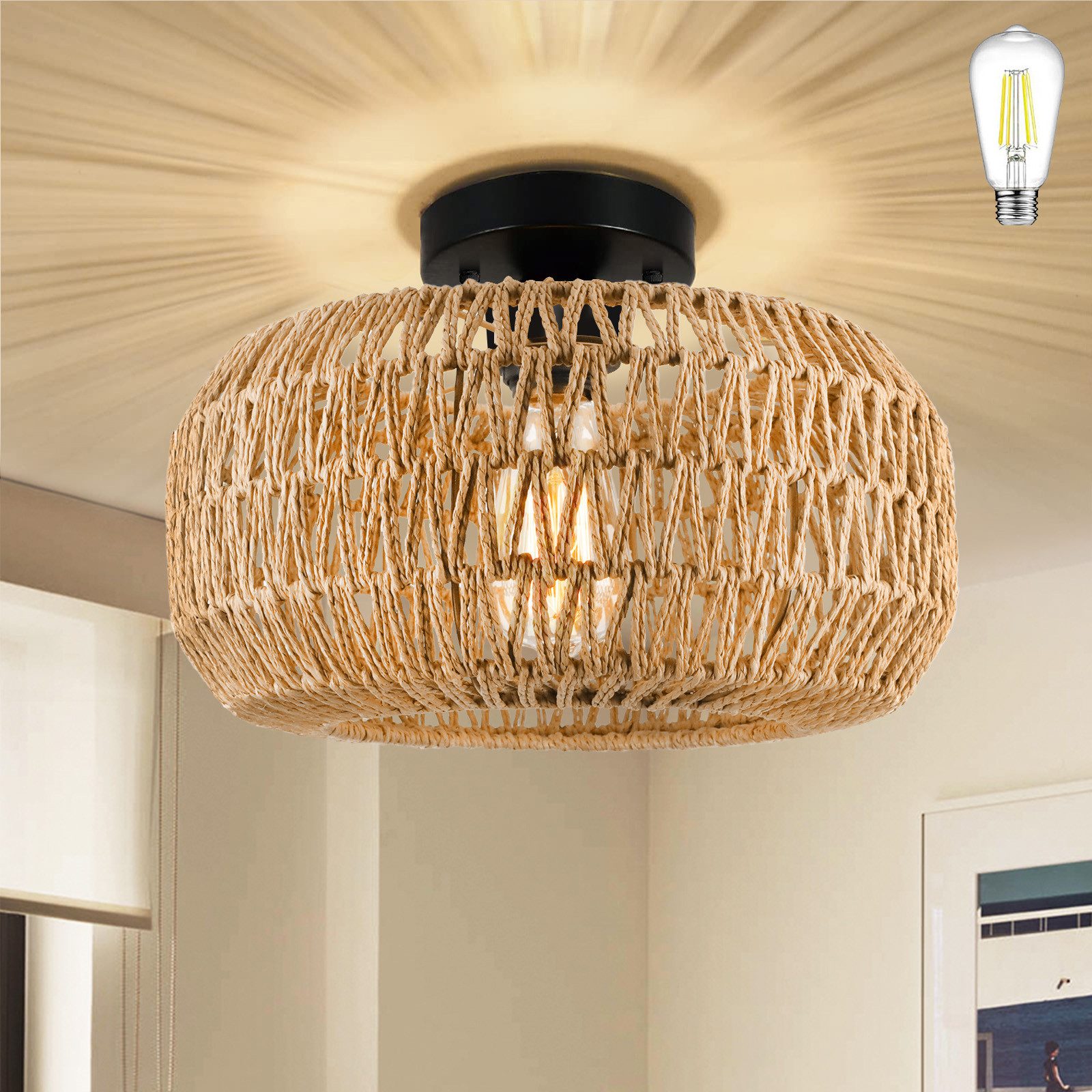 LMaxhome LED Deckenleuchte Hängend Boho Rattan Deckenlampe Vintage Kronleuc günstig online kaufen