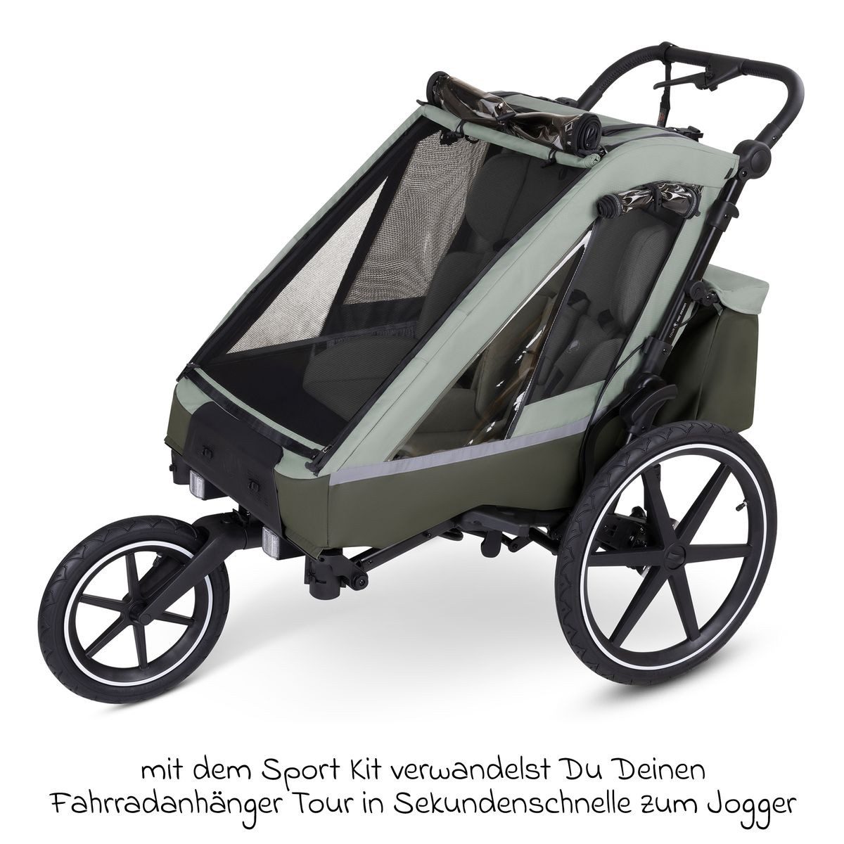 ABC Design Fahrradkinderanhänger Tour 2 für - Olive, 3in1 Fahrradanhänger, Kinderwagen & Jogger für 2 Kinder inkl. Luftrad
