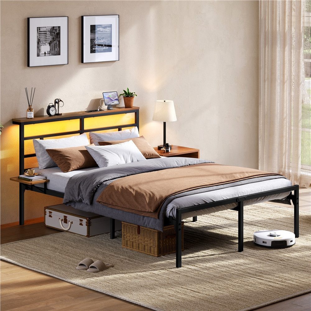 Yaheetech Bettgestell mit LED-Beleuchtung & Ladestation & Seitlicher Ablage, Doppelbett 140 × 200 cm Metallbett mit Stauraum unter dem Bett