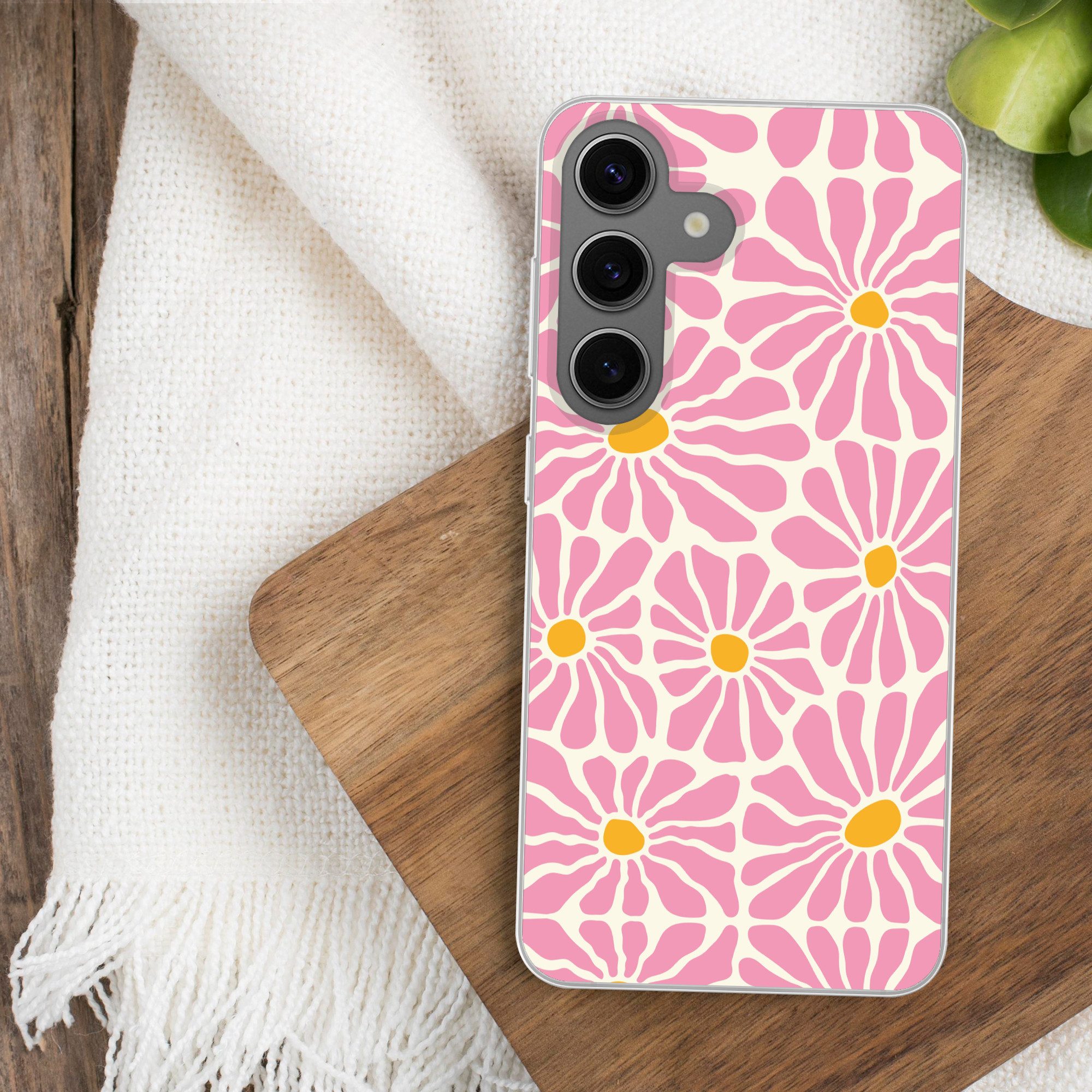 MuchoWow Handyhülle für Samsung Galaxy S24 Blumen - Muster - Rosa - Beige - Orange, Phone Case, Silikon, Schutzhülle Dünn