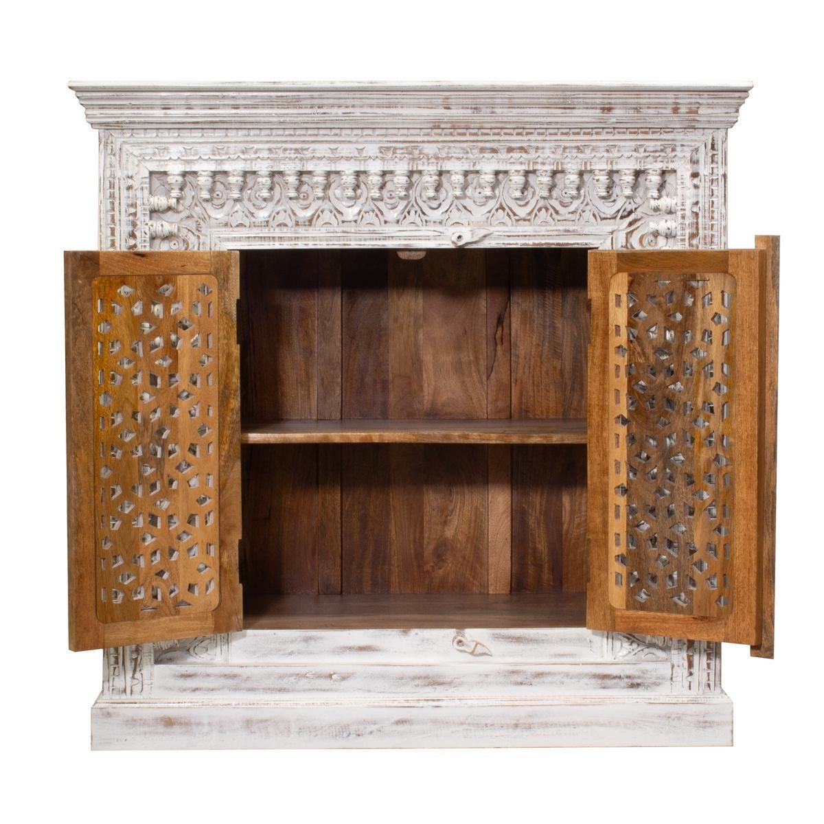 Oriental Galerie Unterschrank Weiß Whitewash Sideboard Rena Indien 100 cm Model 2 Kommode Landhausstil Weiß, Holzkommode massiv, Shabby Chic, Vintage