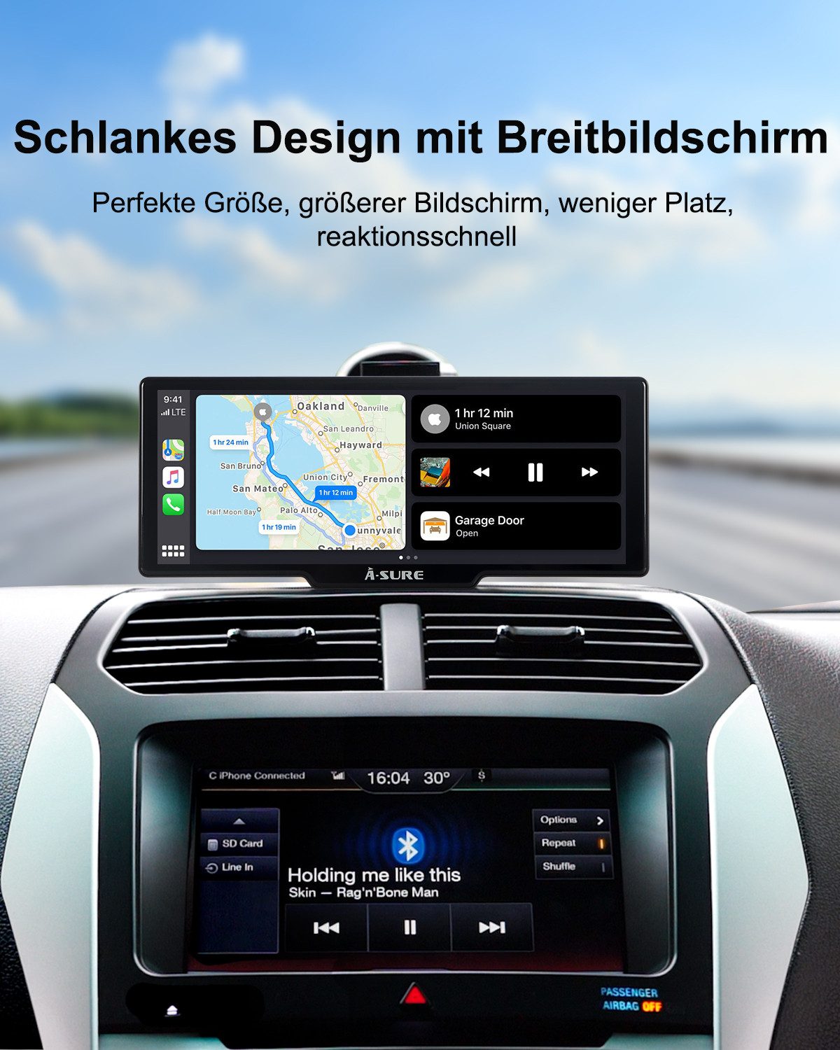 A-Sure 10.26" HD Auto Display Car Display Wireless Apple CarPlay Android Auto Navigationsgerät (4K-Frontkamera/10.26" IPS Bildschirm( 1600*600) /64GB Rom TF Card)
