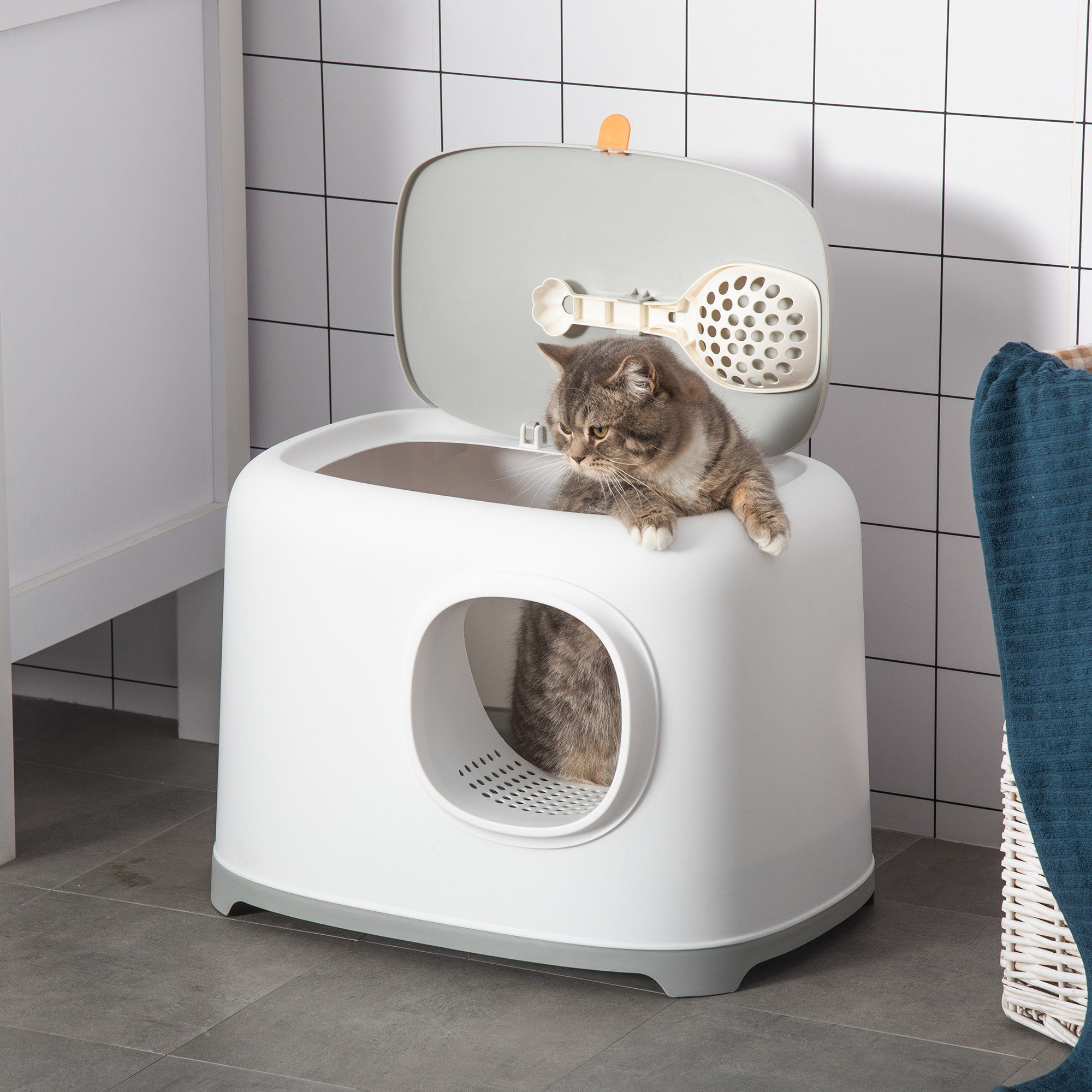 PawHut Katzentoilette mit Haube für Katzen bis 5 kg Katzenklo mit Deckel Kunststoff Weiß, 55L x 40B x 39H cm