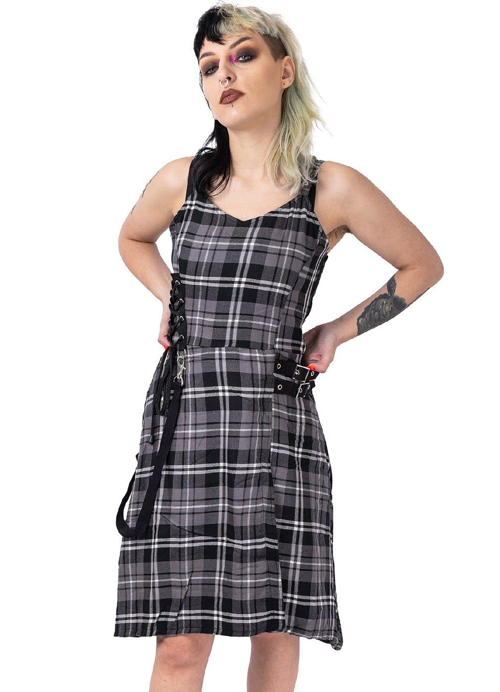 Heartless A-Linien-Kleid Kina Dress Grau Kariert Punk Zierschnürung Riemen