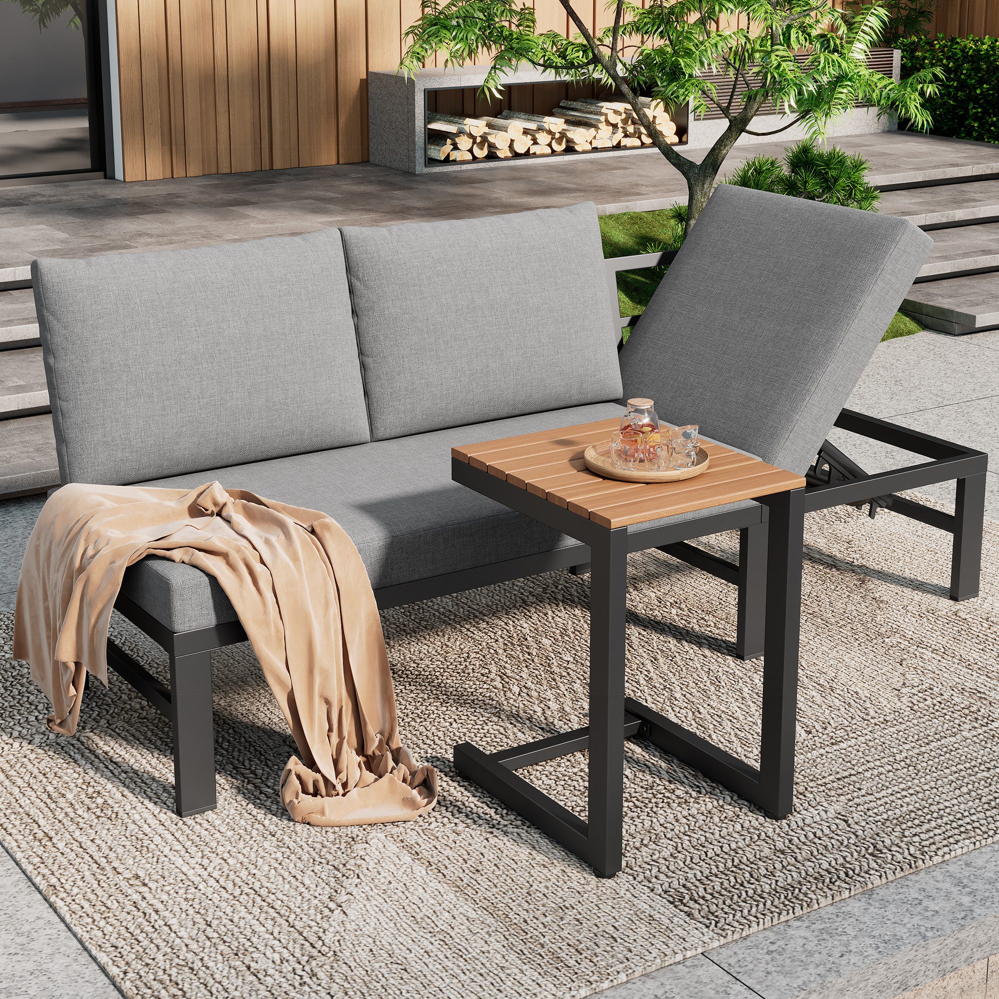 BlingBin Gartenlounge-Set Gartenmöbel-Set mit verstellbarer Neigungsfunktion, Balkonmöbel, (3-Sitzer-Sofa, mit Tisch, Tischplatte aus Kunststoff-Holz, 2-tlg., Belastbarkeit: Couchtisch: 20 kg/Stück; Einzelstuhl 150 kg/Stück), Outdoorsofa aus verzinktes Stahlrohr für Terrasse & Balkon, Grau