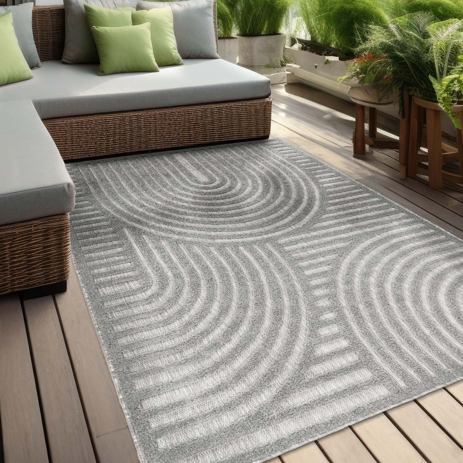 TaraCarpet Teppich Indoor und Outdoor Teppich wetterfest Barcelona Wave Boho Style, rechteckig, Höhe: 10 mm, Wave Boho grau Wohnzimmer Schlafzimmer Esszimmer 80X150