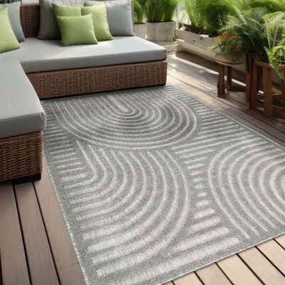 Teppich Indoor und Outdoor Teppich wetterfest Barcelona Wave Boho Style, TaraCarpet, rechteckig, Höhe: 10 mm, Wave Boho grau Wohnzimmer Schlafzimmer Esszimmer 80X150