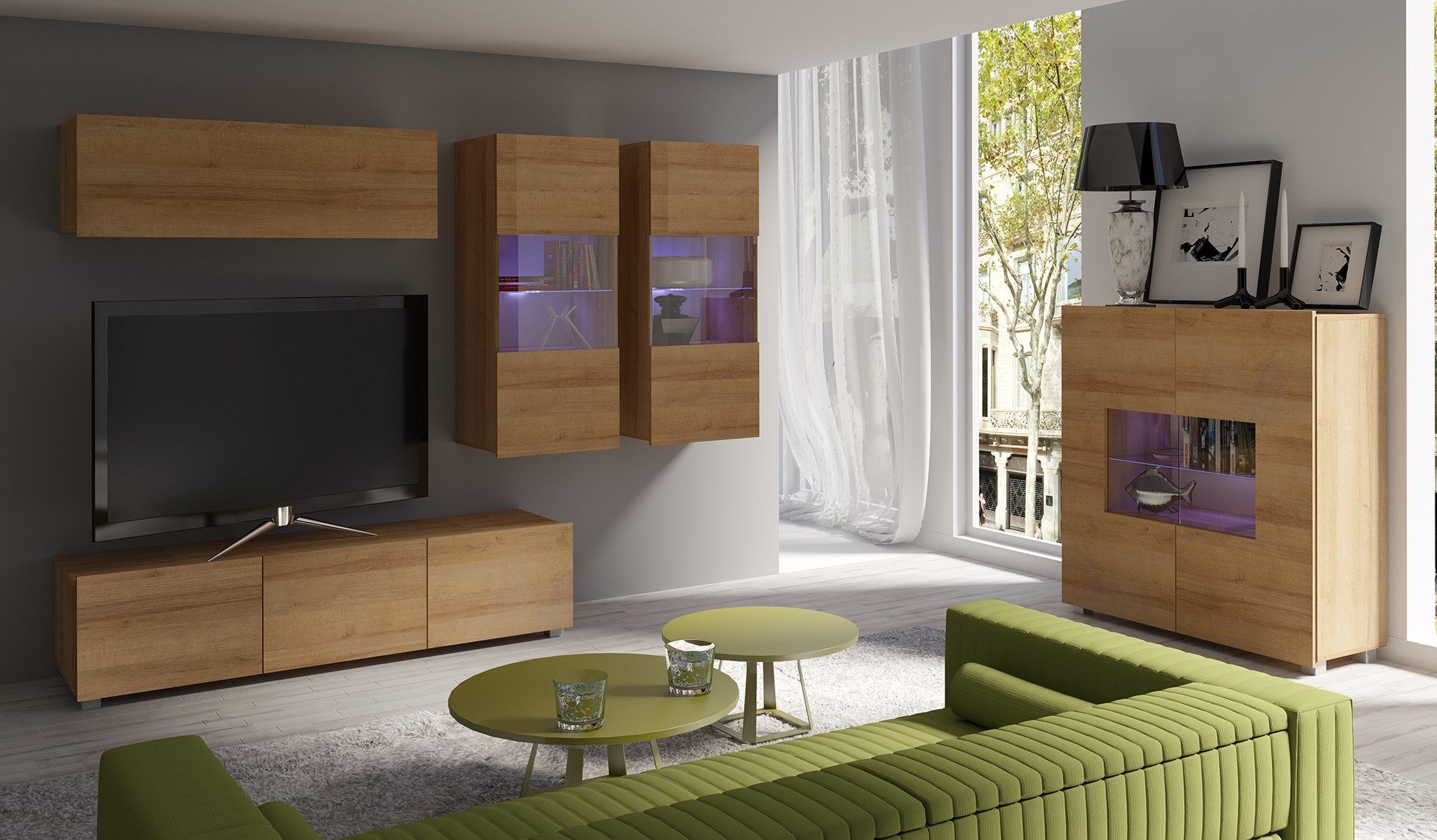Stylefy Wohnwand Bietula, (Set (5-St), Wohnmöbel), 5-teilig, wahlweise mit LED-Beleuchtung, FSC-Zertifizierung, Modern Design, variabel stellbar Wotan Eiche