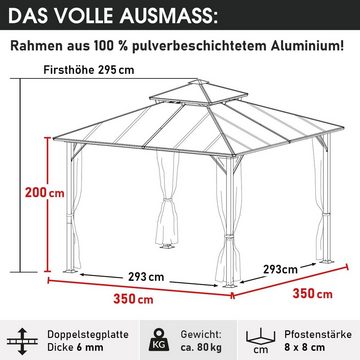 BRAST Pavillon Aluminium Pagode 3,5x3,5m viele Modelle, wahlweise LEDs, inkl. Moskitonetz, festes Dach, wasserdicht, stabil, UV-Schutz