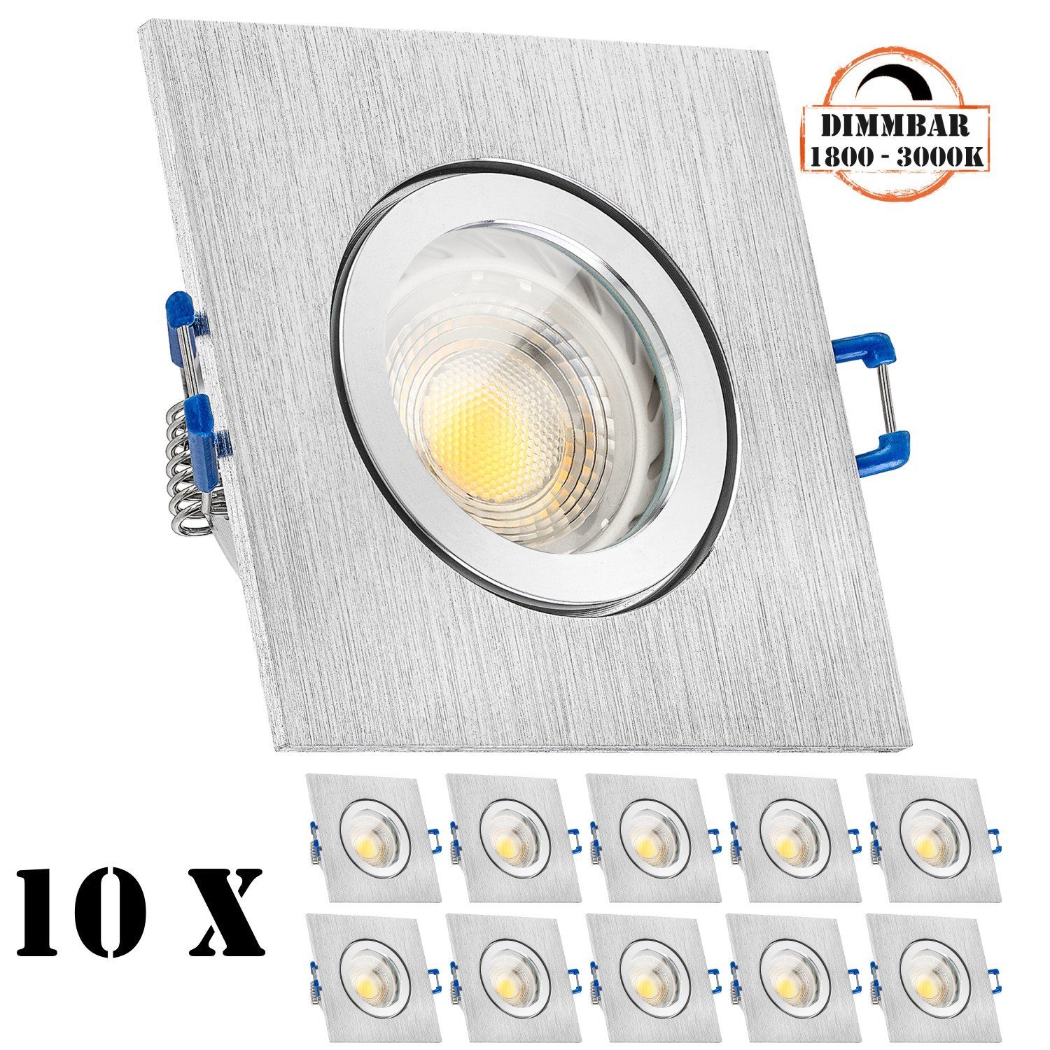 LEDANDO LED Einbaustrahler 10er IP44 LED Einbaustrahler Set GU10 in aluminium gebürstet mit 5,5W