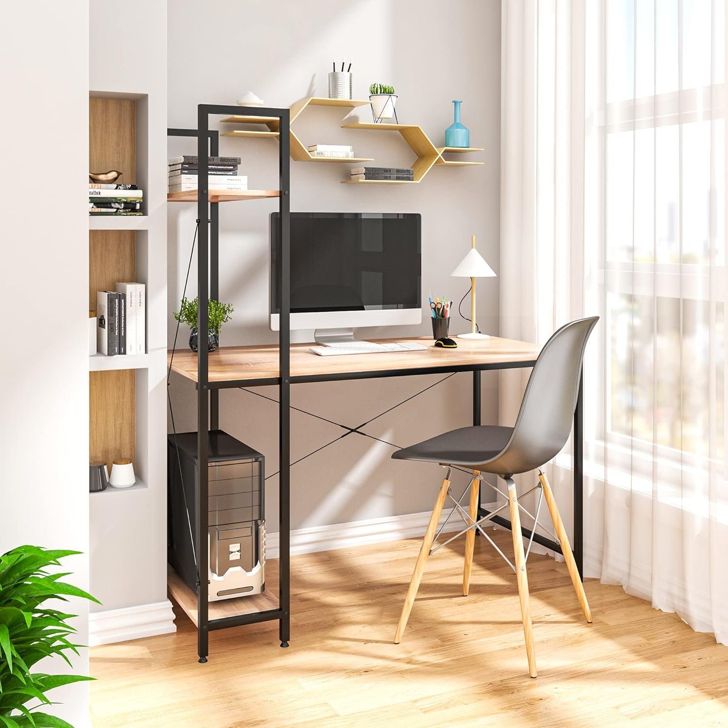Woltu Schreibtisch (1-St), PC Tisch aus Holz und Stahl, mit Ablagen eiche-schwarz | Schwarz