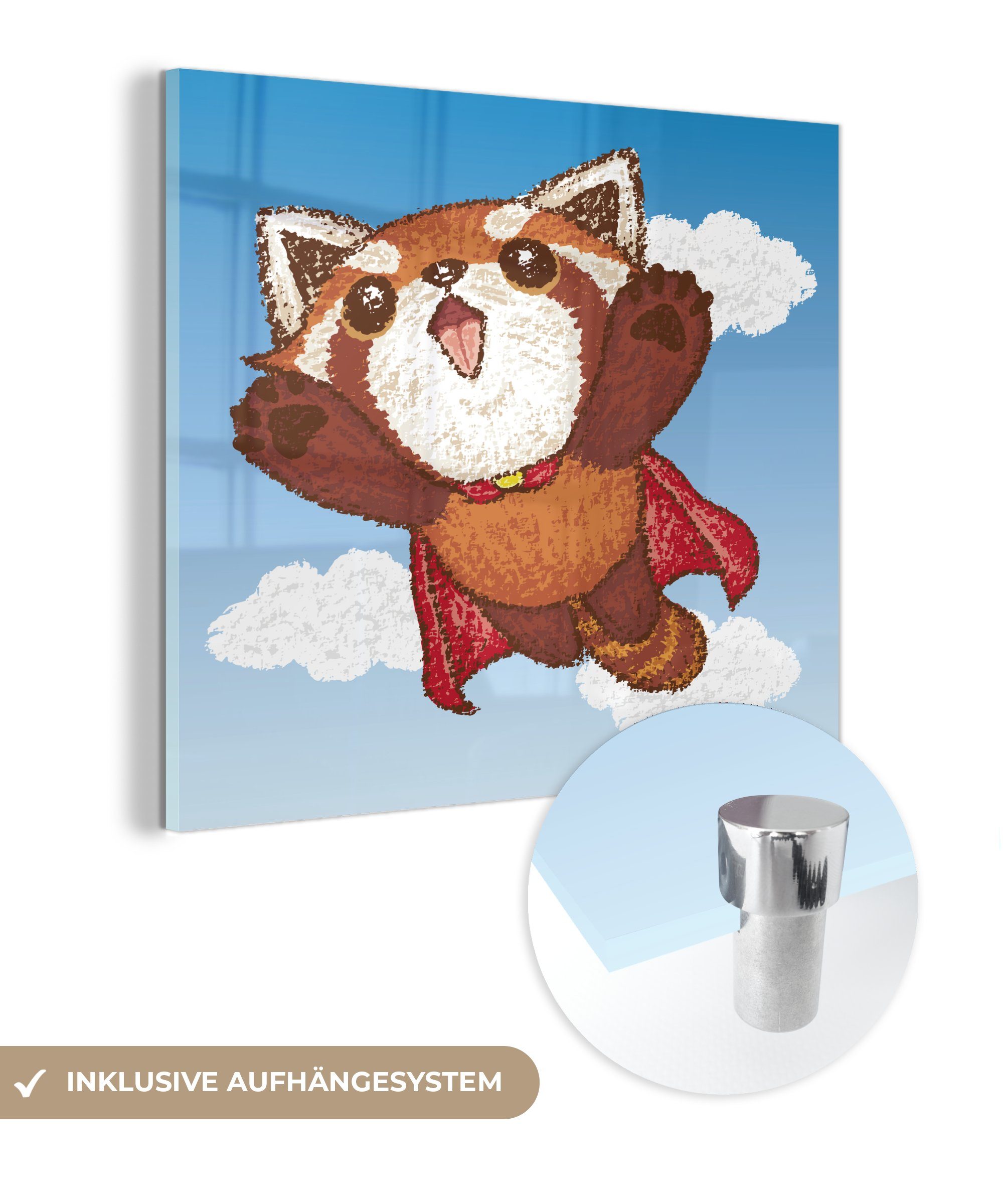 MuchoWow Acrylglasbild Illustration (1 Foto auf St), Glasbilder auf - Glas - Pandas - Glas Wanddekoration Wandbild eines Superheld, roten als Bilder