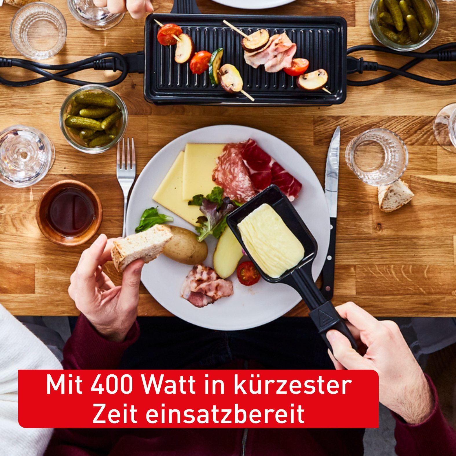 Tefal Raclette Plug&Share, mit Erweiterungsmöglichkeit, abnehmbares Kabel, 2 Raclettepfännchen, 400 W, spülmaschinengeeignete Pfännchen und Platte, platzsparend, RE2308