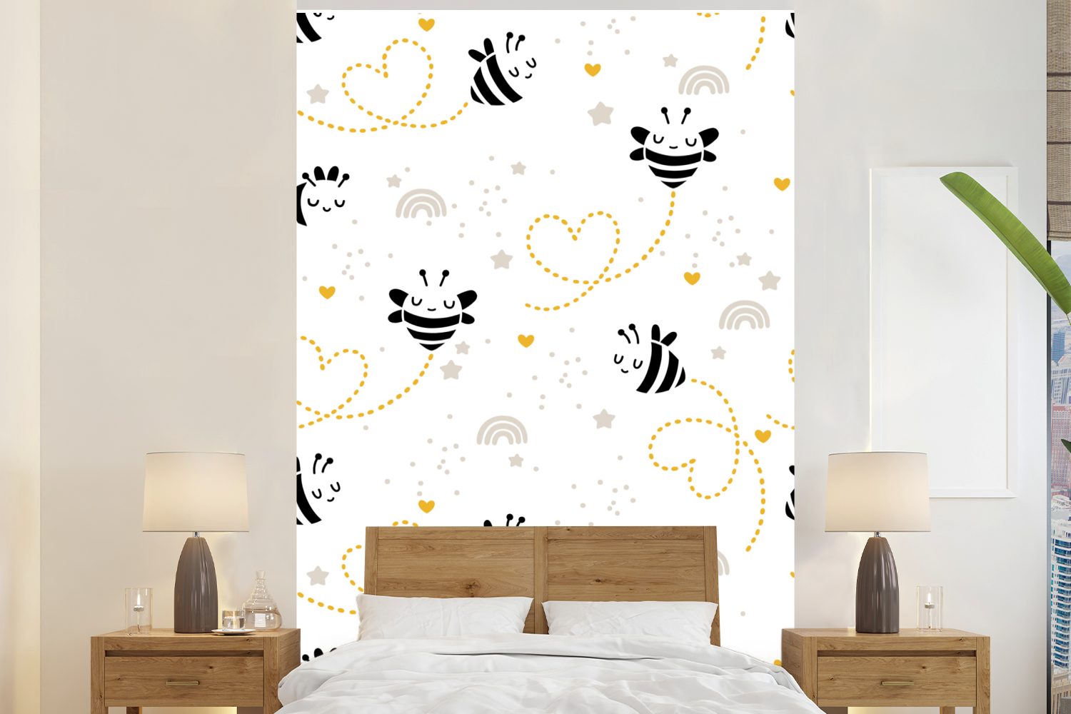 MuchoWow Fototapete Muster - Bienen - Regenbogen, Matt, bedruckt, (3 St), Montagefertig Vinyl Tapete für Wohnzimmer, Wandtapete
