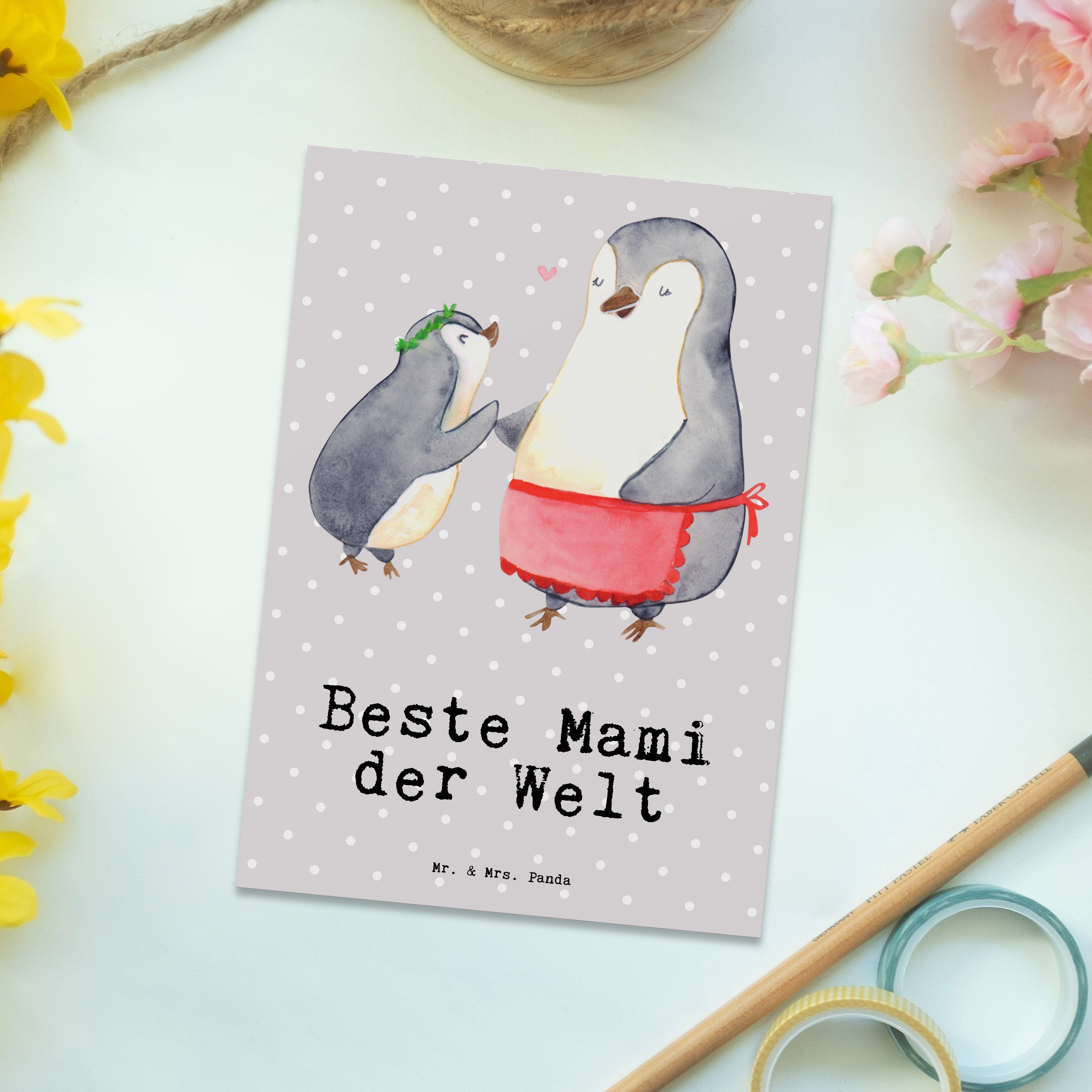 Postkarte Mr. Pinguin & Grau der Mami Welt Beste Pastell - Panda Geburtstagsges Geschenk, - Mrs.