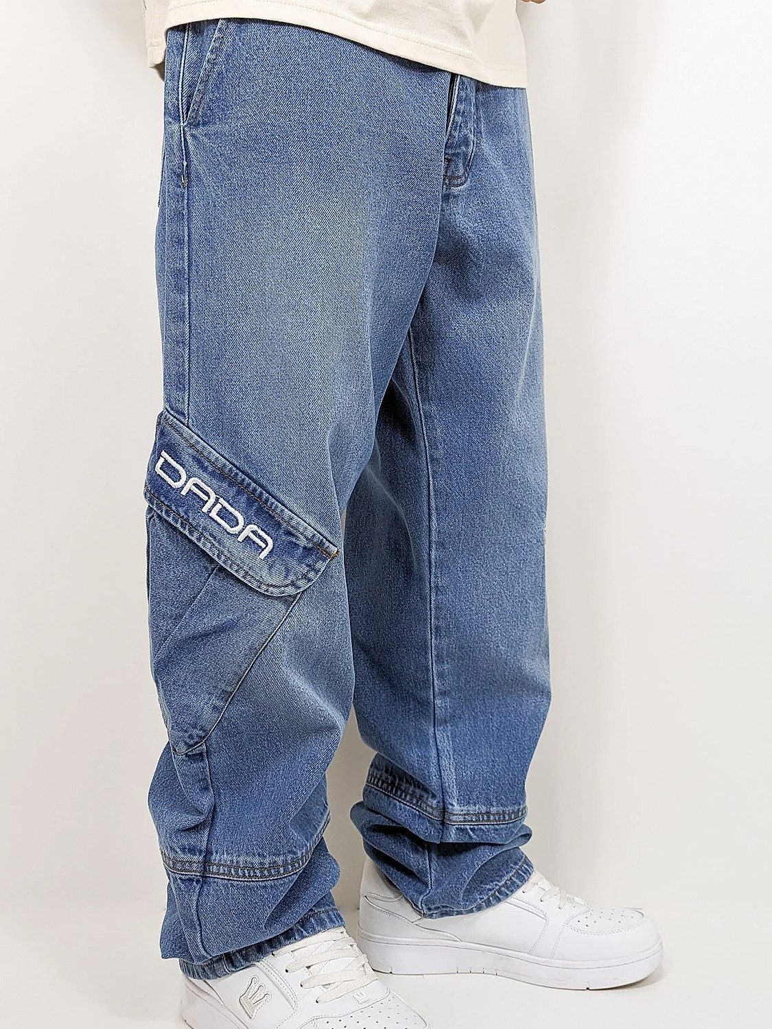 DADA Supreme Regular-fit-Jeans HipHop Denim Baggy Pants mit Cargo für Herren Baumwolle unifarben windabweisend Reißverschluss casual-Style – Bild 4 von 5