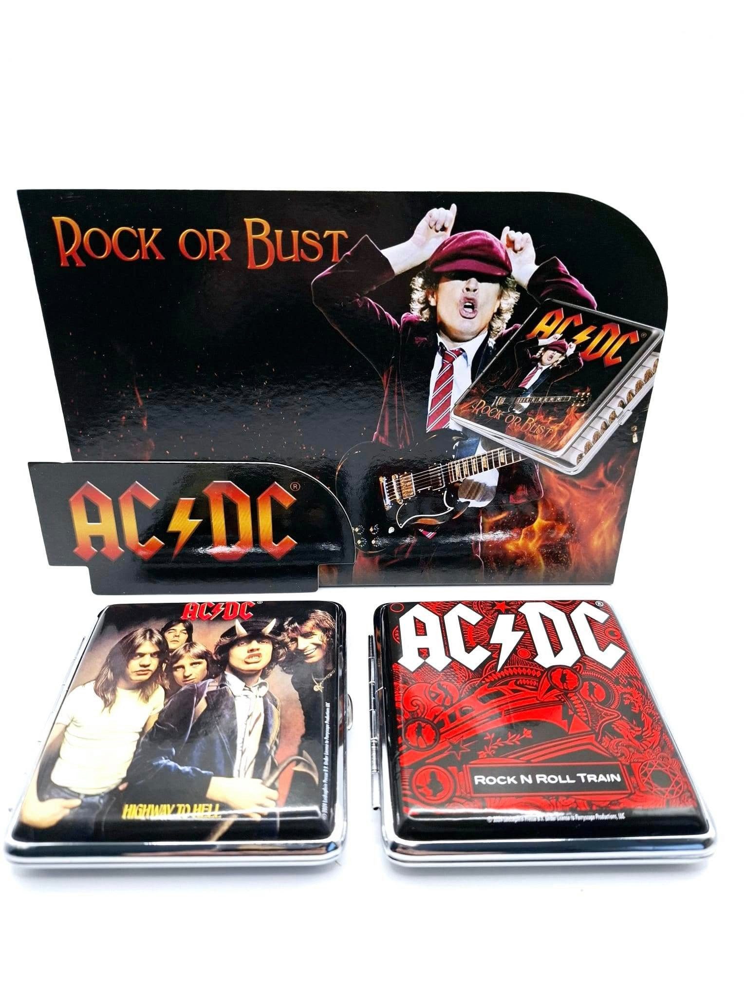 AC/DC Bogenetui Fanartikel Zigarettenetui Set Geschenkidee mit Motiv, Gummiband 20er, Rock or Bust