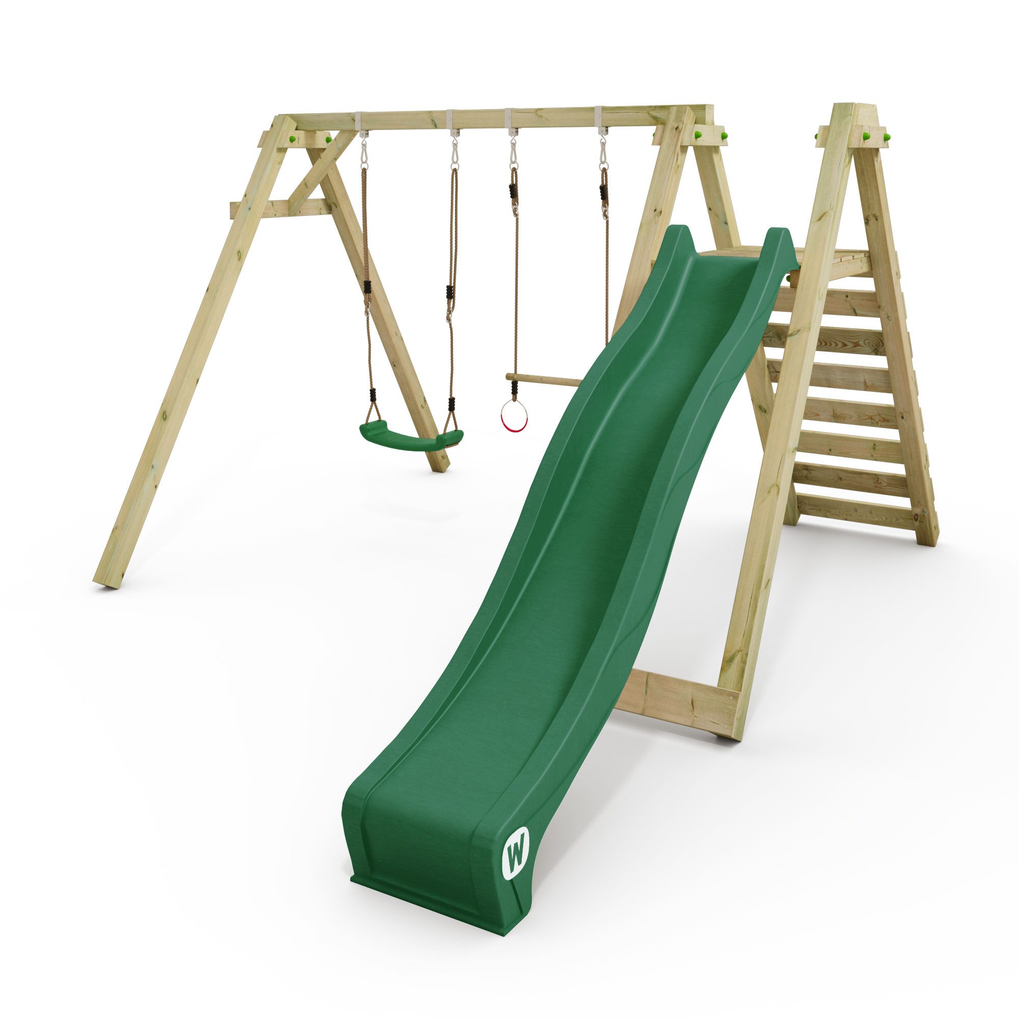 Wickey Doppelschaukel Smart Swift – Gartenschaukel mit extralanger Rutsche & Turnzubehör, (Schaukelgestell - Motoriktraining durch Turnringe, Schaukel & Podest, Kinderschaukel - Erweiterbar für Kinder aller Altersstufen), Massivholz-Spielanlage für Kinder mit 10-Jahre Garantie*