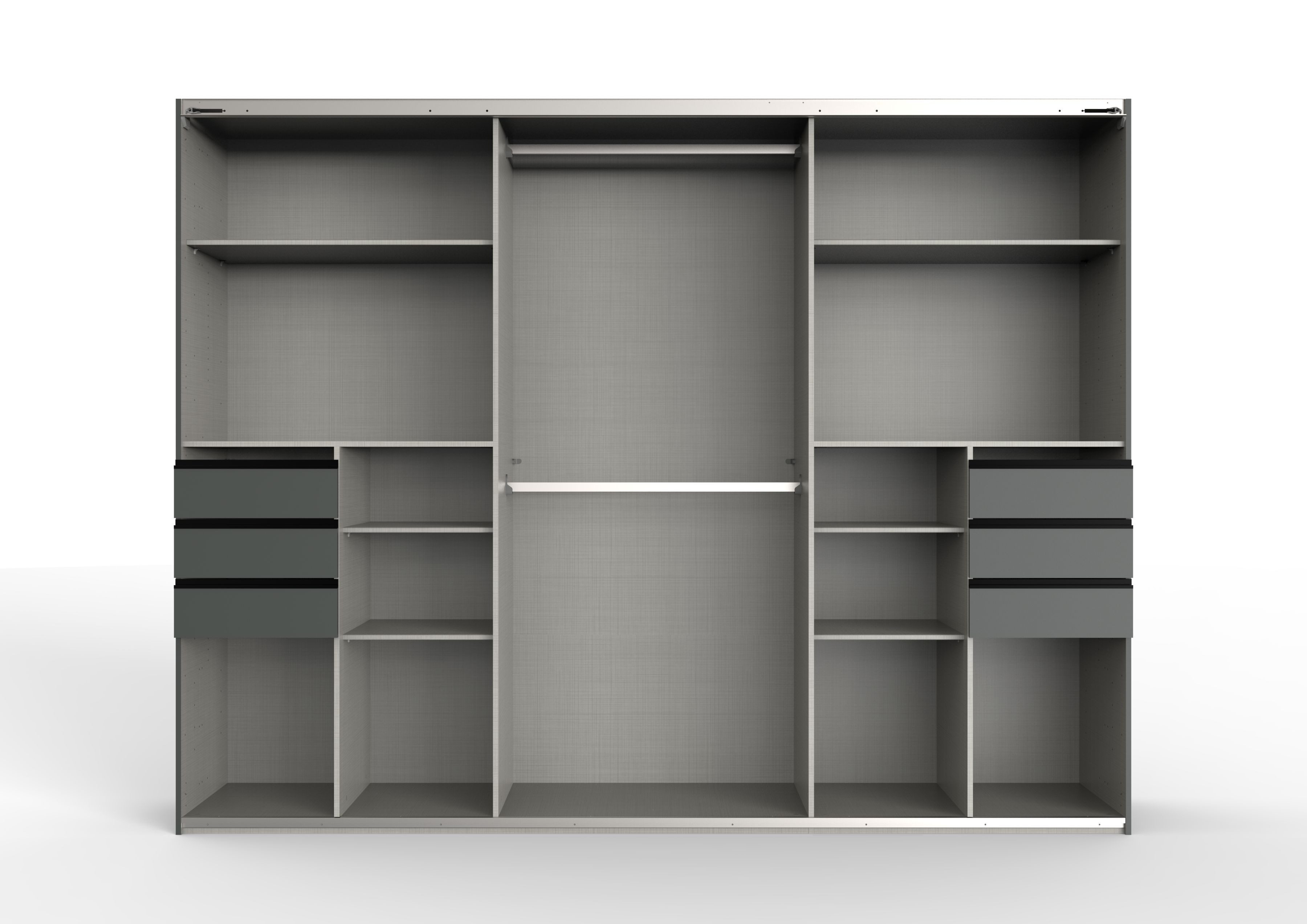 luma-home Schwebetürenschrank 22506 (B273/H213/T64 cm Kleiderschrank mit Vollausstattung, schwarzen Griffleisten) Passepart.,Schubladen,Rahmenspiegel, Eiche Dekor m. Absetzungen Grafit