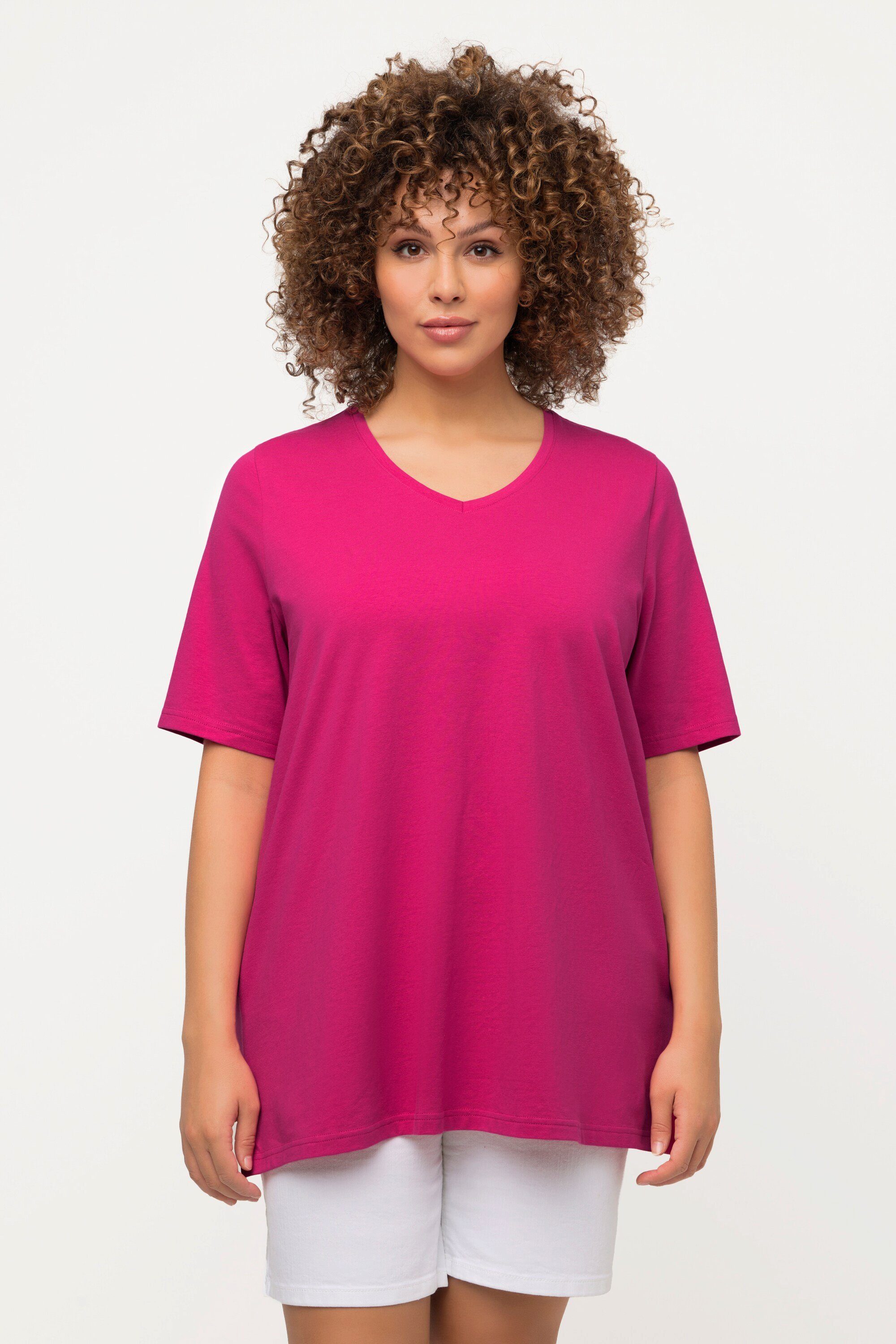 Ulla Popken Rundhalsshirt T-Shirt Halbarm A-Linie V-Ausschnitt fuchsia pink