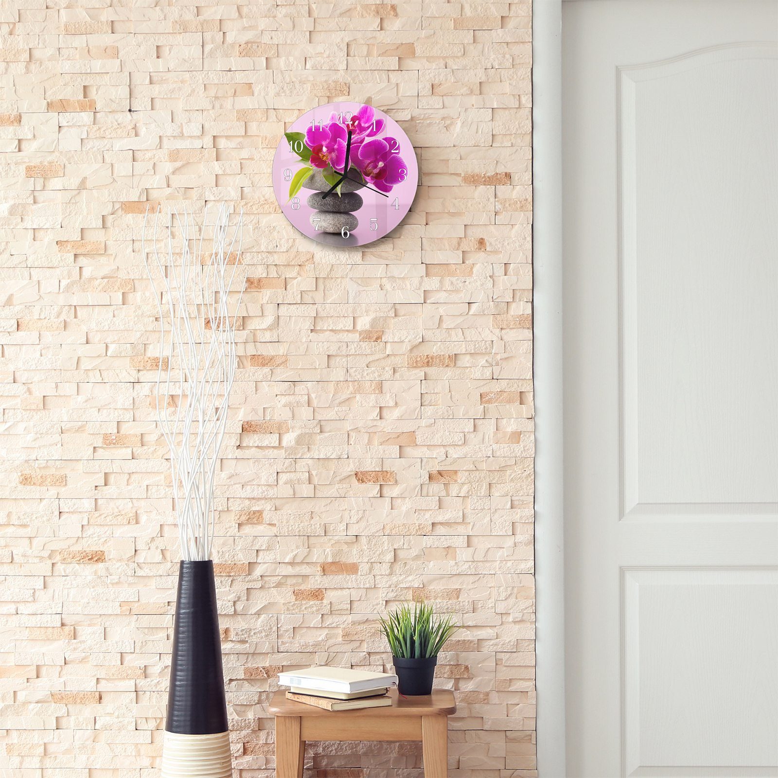 Glas Steine - mit Primedeco Wanduhr Motiv mit cm Wanduhr und Orchideen 30 aus Quarzuhrwerk Rund Durchmesser und