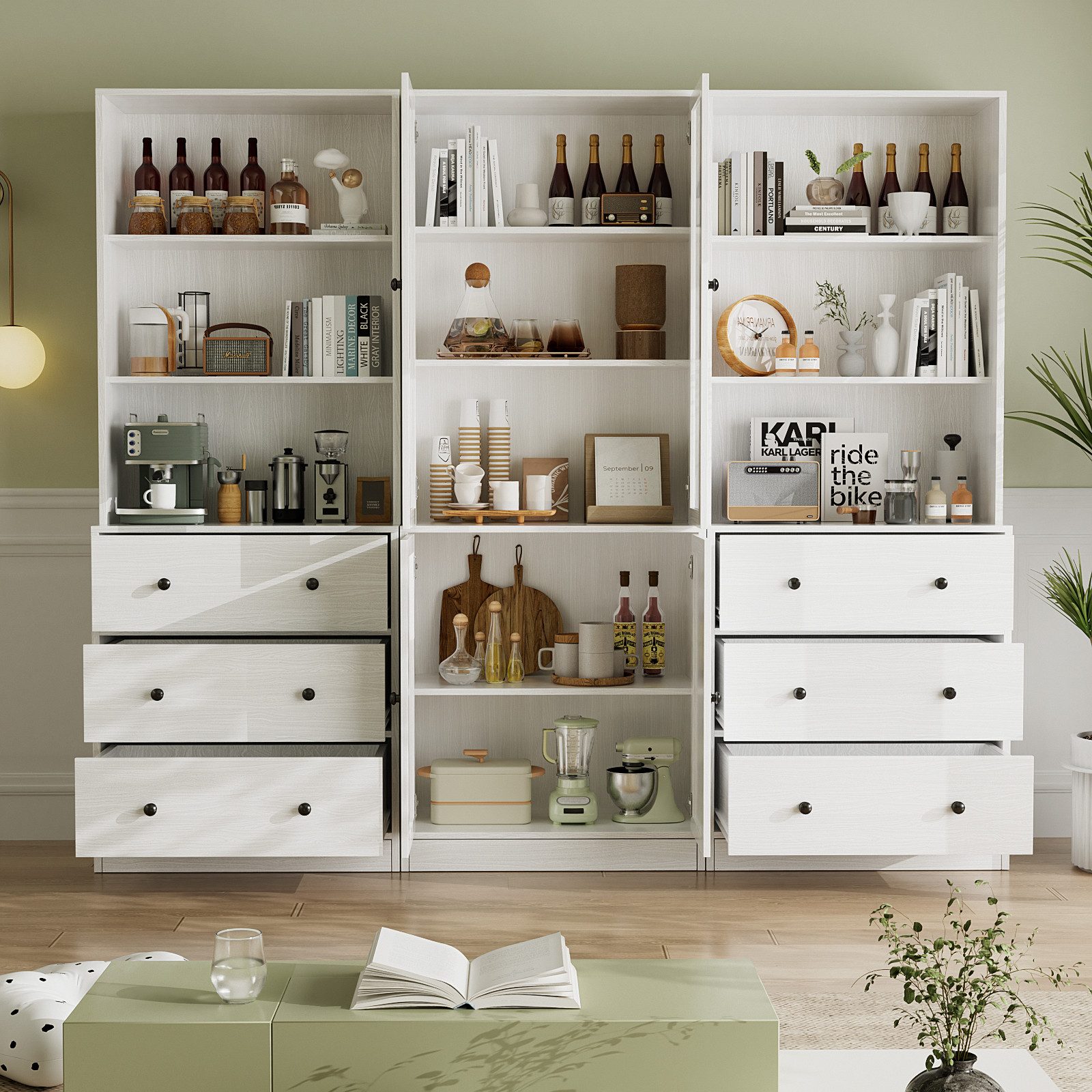 VOWNER Bücherregal 5-stöckiges Bücherregal mit Glastüren, 180 cm Vitrinenschrank, 3-tlg., multifunktionaler Küchenschrank Hochschrank & Buffetschrank
