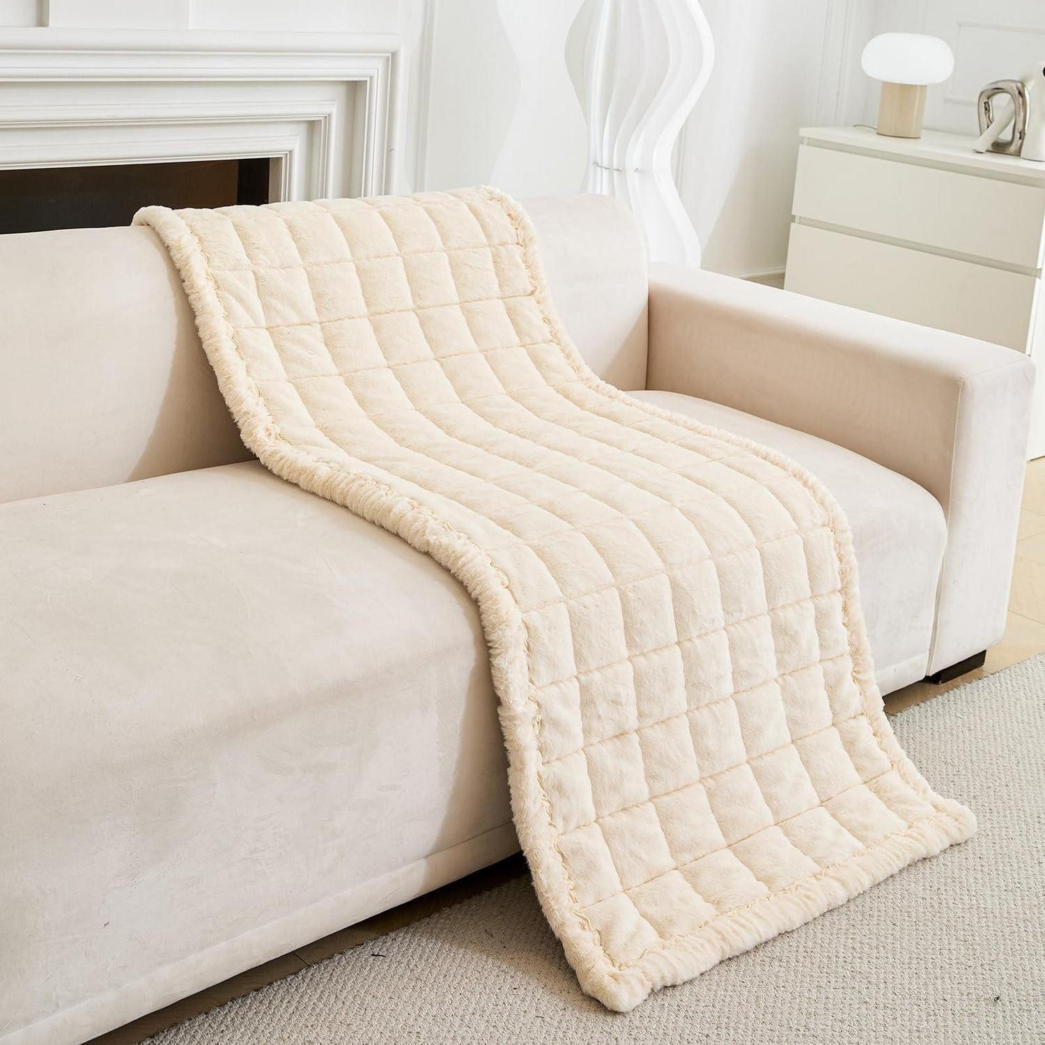 Überwurf Sofabezug Plüsch-Kunstnerz 70x210cm Beige-Holzoptik, LuxusKollektion
