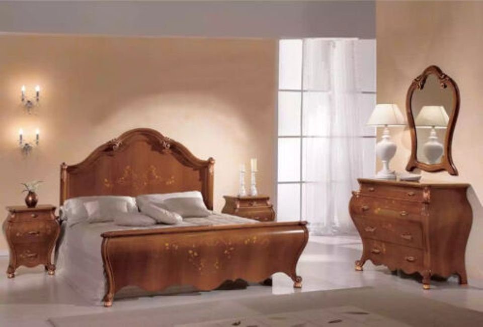 Braunes Luxus (5-St., Bett Nachttische Spiegel Schlafzimmer-Set Bett + 2x Spiegel), + + Kommode, Nur Nachttische Kommode JVmoebel Set Schlafzimmer Holzschnitzerei
